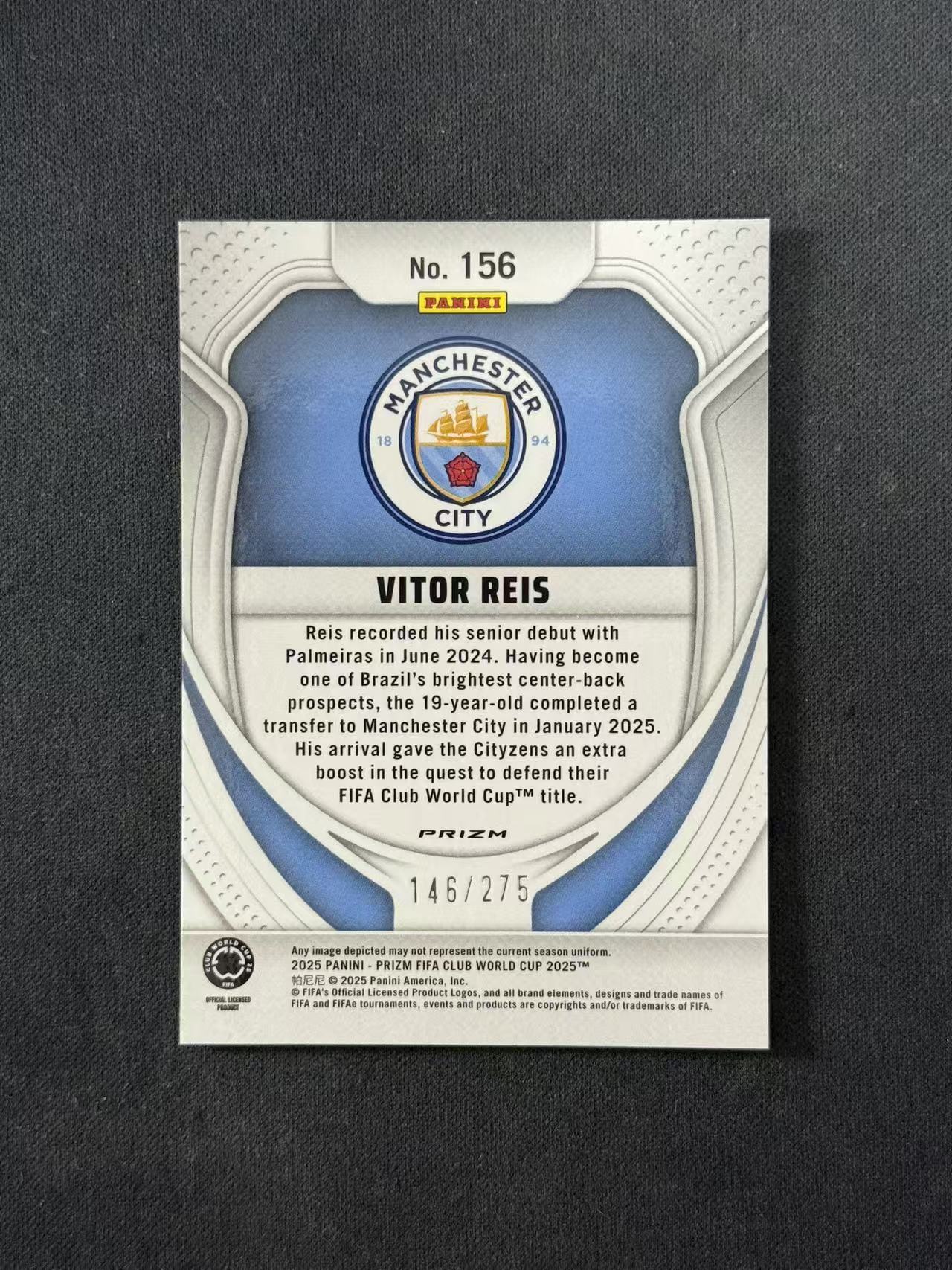 2025 Panini Prizm Vitor Reis RC 【林林拍卖张彩虹】pz系列 世俱杯 曼彻斯特城 曼城 新秀 维托尔雷斯 146/275编 蓝波纹折 base