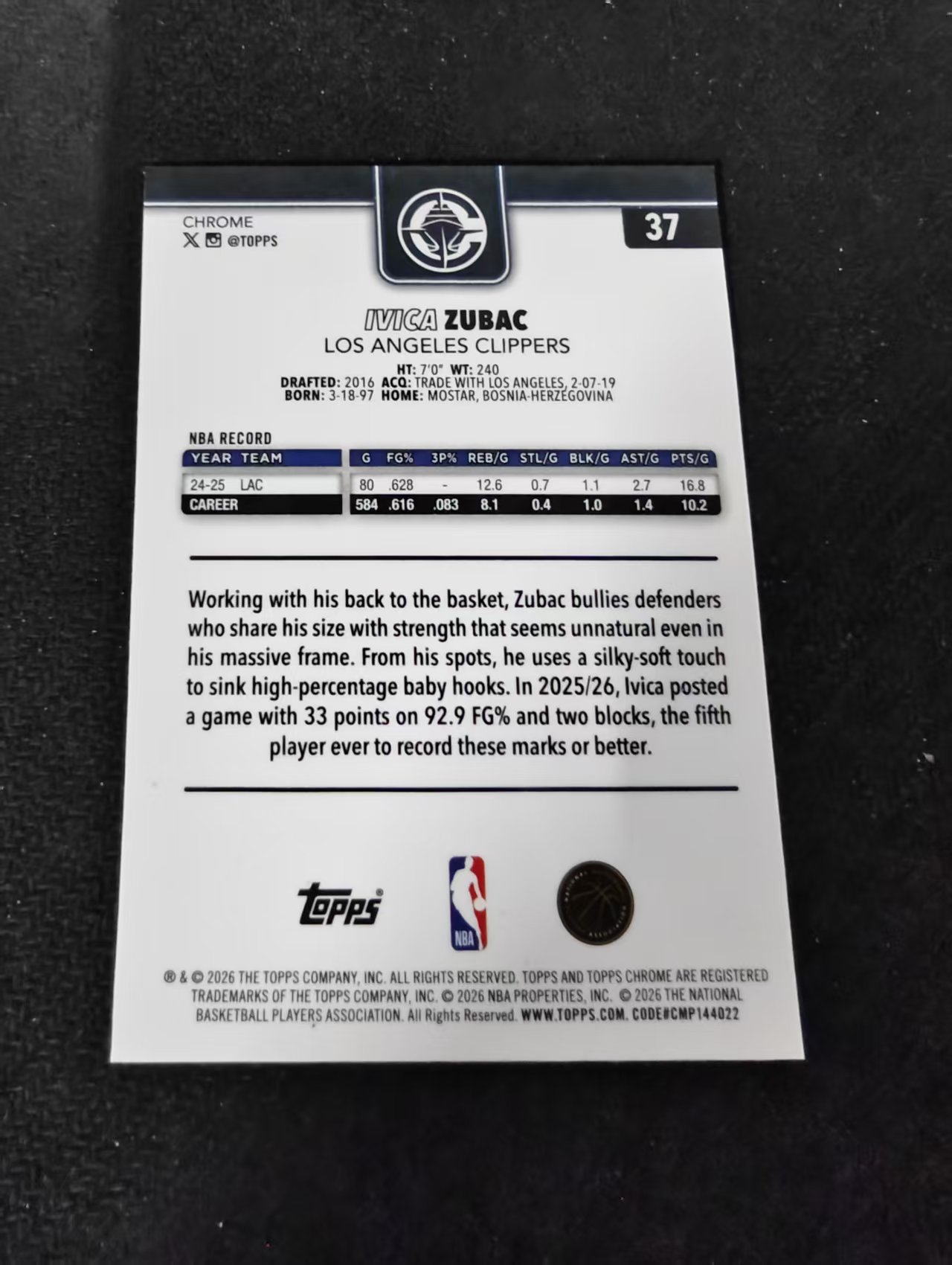 2026 Topps Chrome Update Ivica Zubac 祖巴茨 快船 TCU 划痕 边角瑕疵 #37