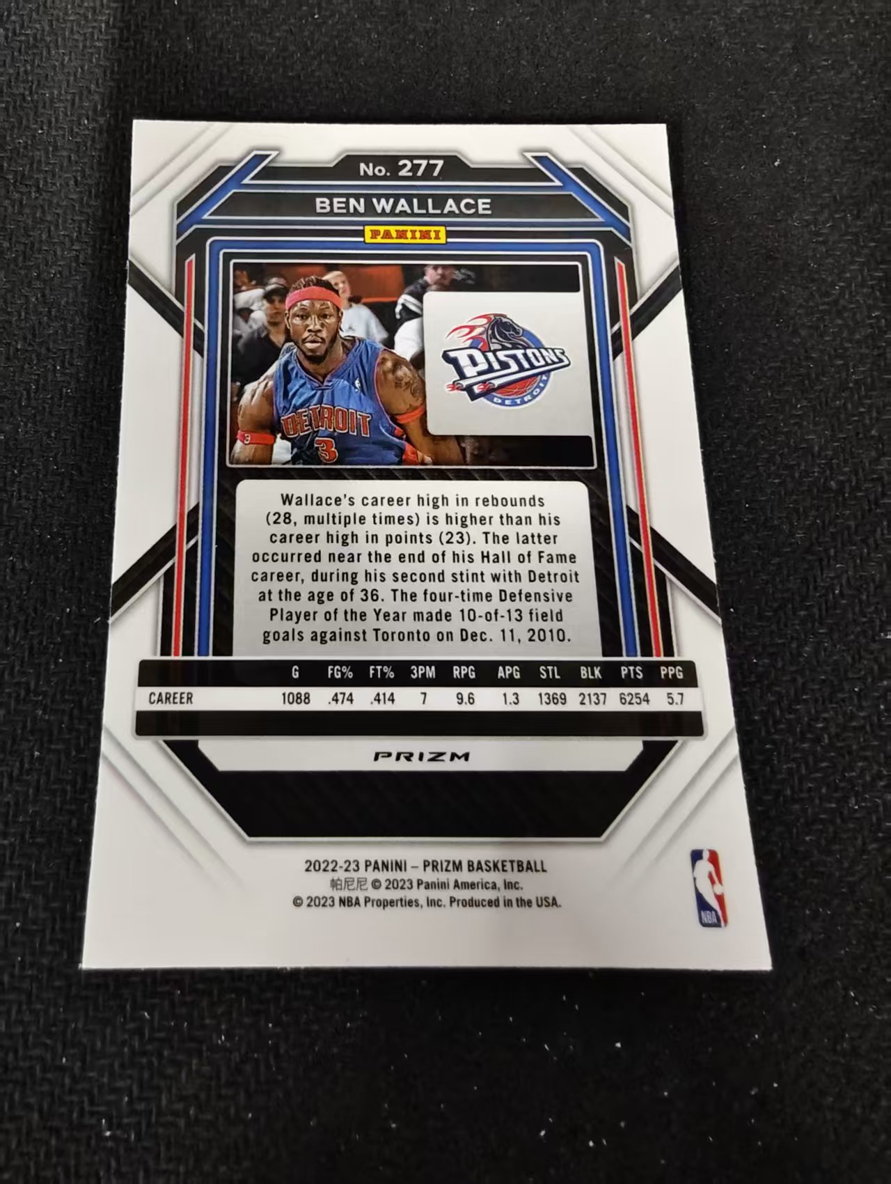 2022-23 Panini Prizm Ben Wallace 本 华莱士 活塞 银折 PZ 划痕 边角瑕疵 #277