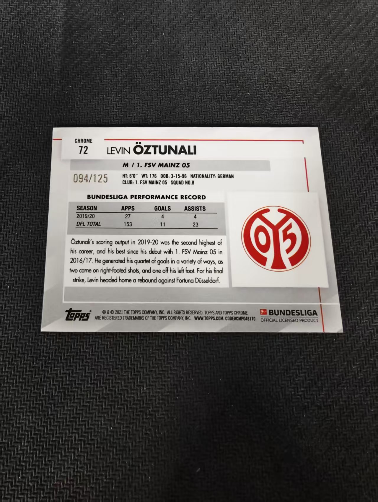 【可合并,不累计】2021 Topps Chrome levin oztunali 勒温 厄兹图纳勒 美因茨 德甲 橙碎冰 125编