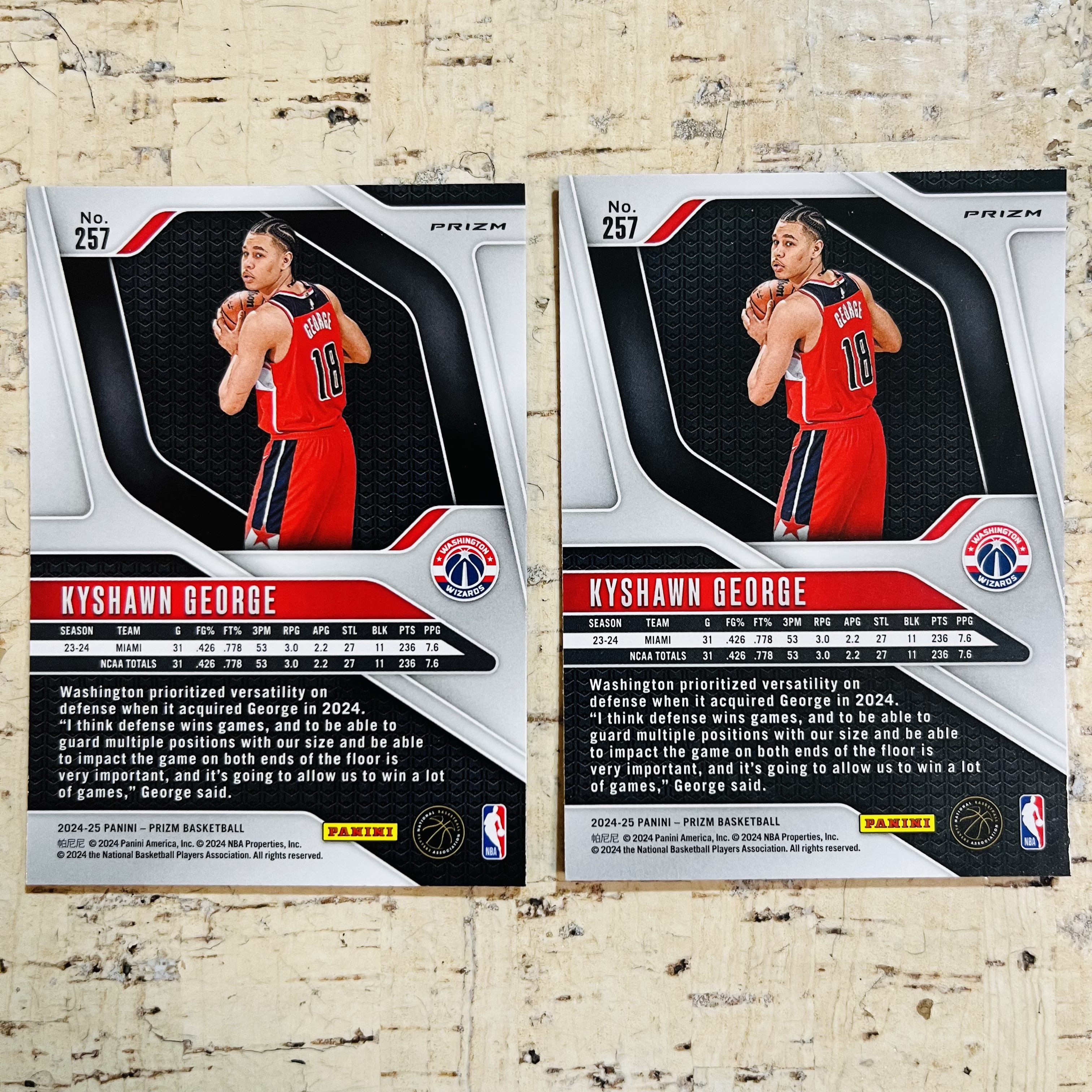 2024-25 Panini Prizm Kyshawn George RC 新秀 奇才 凯肖恩 乔治 正银折 银折射 2张打包 第2组 稀有折射 凑彩虹必备 一张背面右下角微瑕图三 一张中间细痕图四