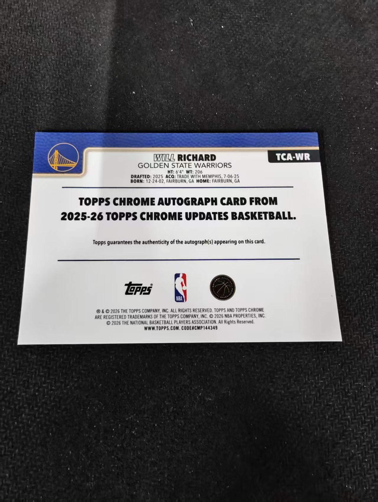 2026 Topps Chrome Update 勇士 Will Richard 威尔 理查德 新秀RC 签字 瑕疵如图