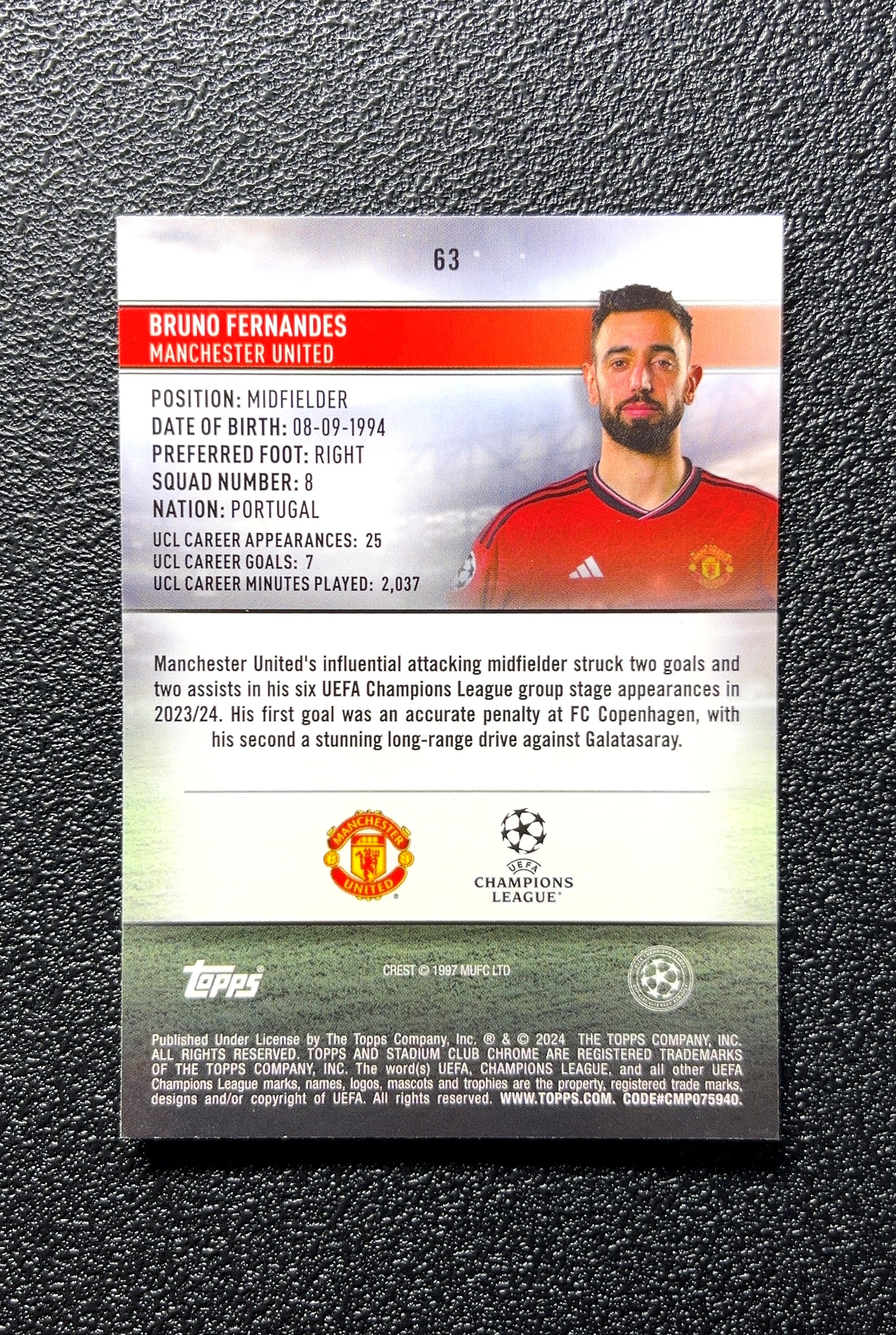 【小白1%代卖】2024 Topps Stadium Club Chrome Bruno Fernandes 布鲁诺·费尔南德斯 卡品如图 高价值 #63 Manchester 0806