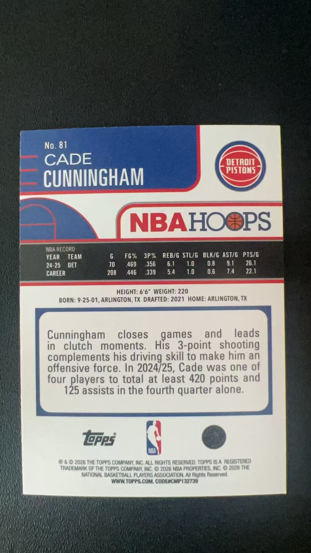 2026 Topps Hoops Cade Cunningham #81 B44
