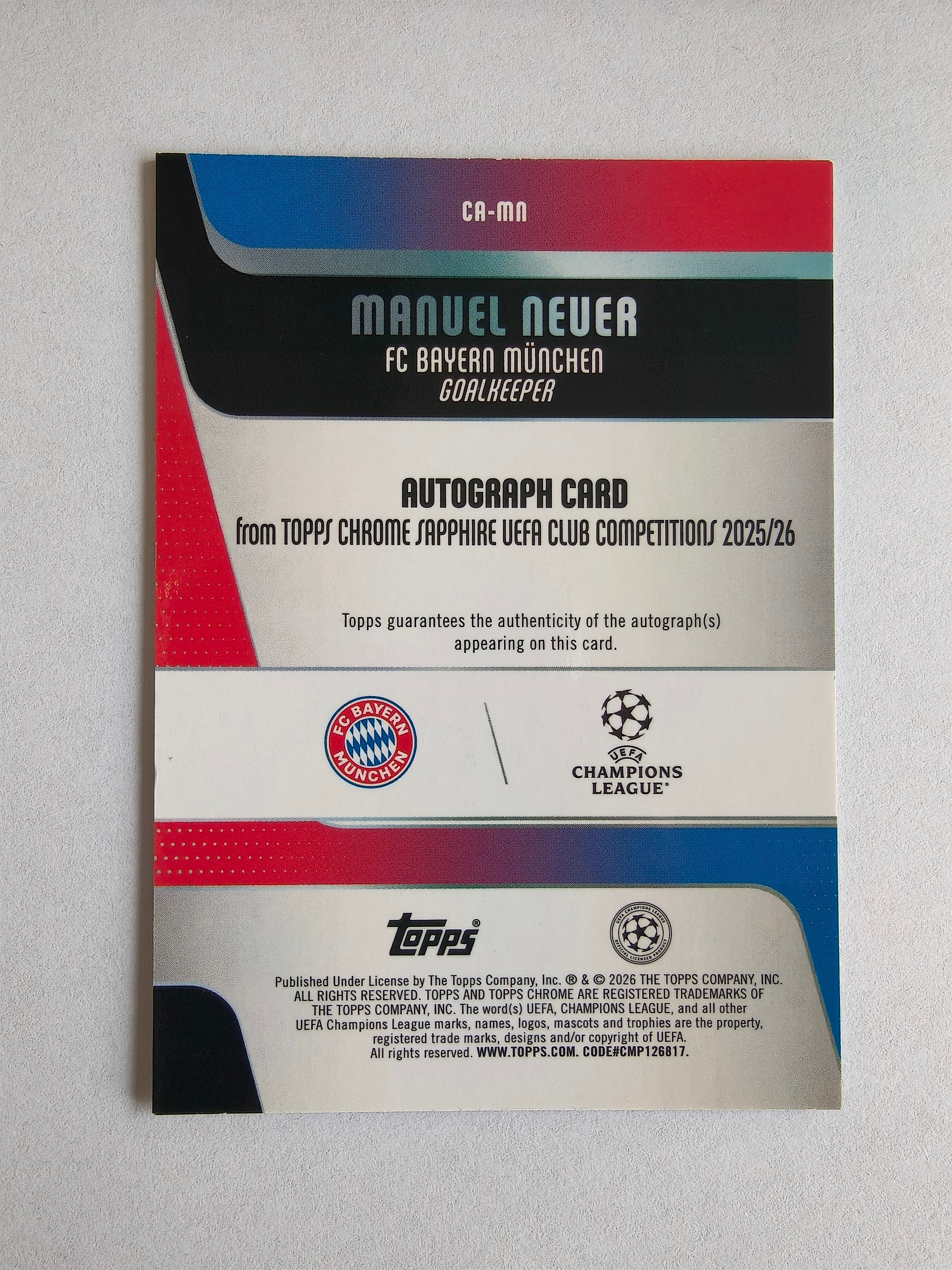 2026 Topps Chrome UEFA Club Manuel Neuer 欧冠 欧战 蓝宝石 拜仁慕尼黑 曼努埃尔 诺伊尔 75编 签字 紫碎冰折射 收藏必备 卡品如图 TY568