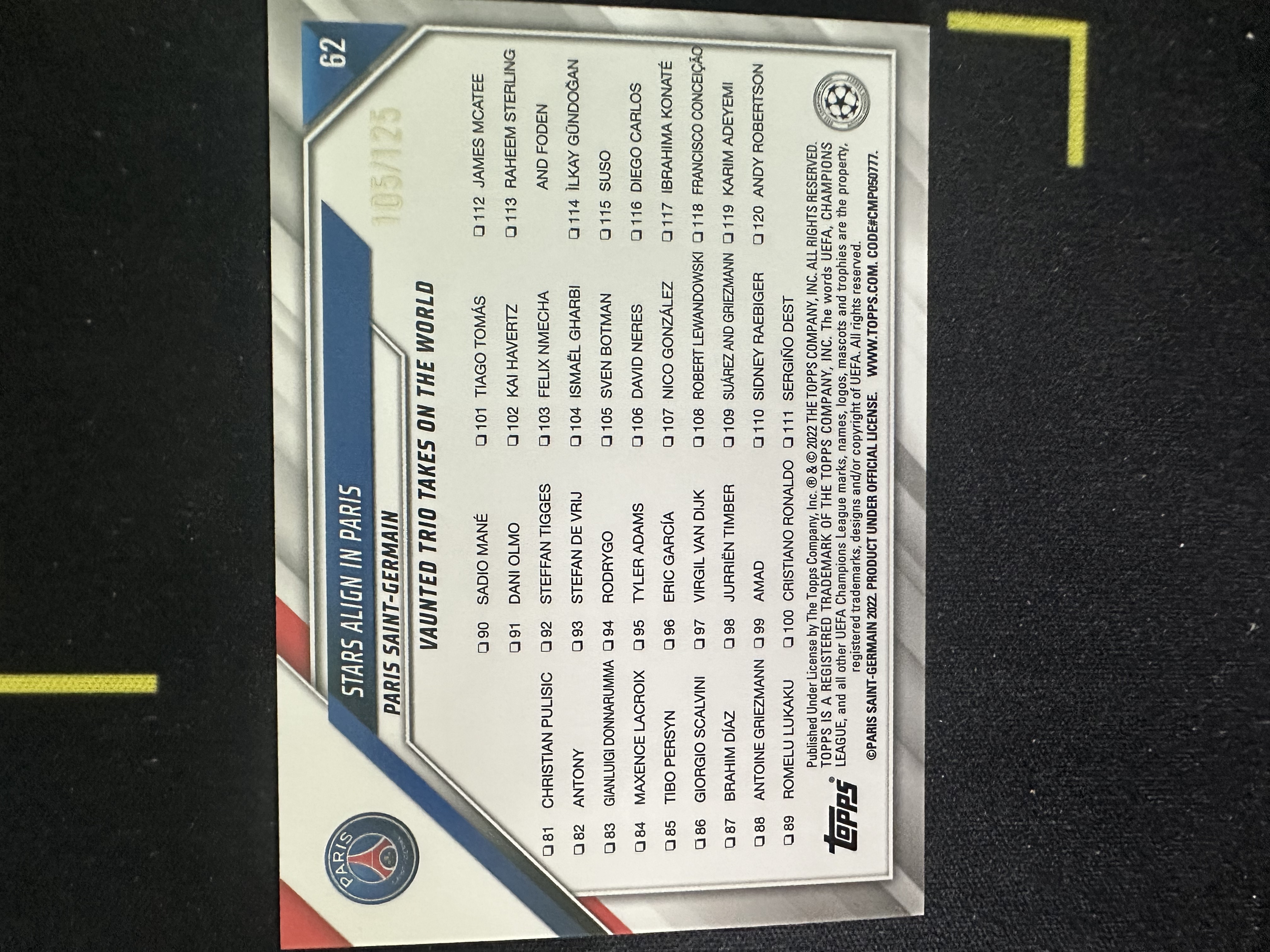 2022 Topps UEFA Champions League Lionel Messi 欧冠系列 姆巴佩,梅西,内马尔 三人特卡 巴黎圣日耳曼 折射稀有祥云卡 105/125编