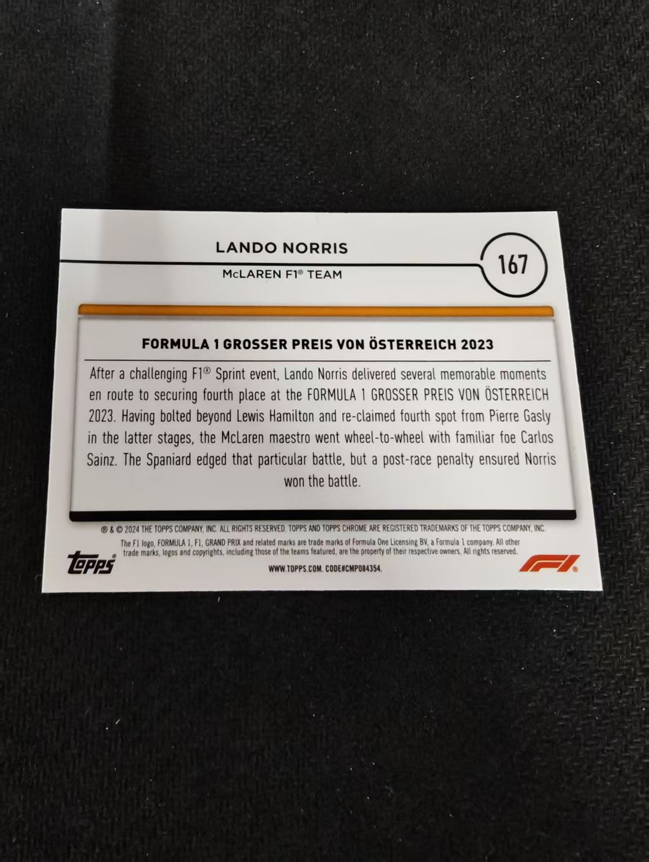 2024 Topps Chrome F1 Lando Norris 诺里斯 迈凯伦 划痕 边角瑕疵 #167