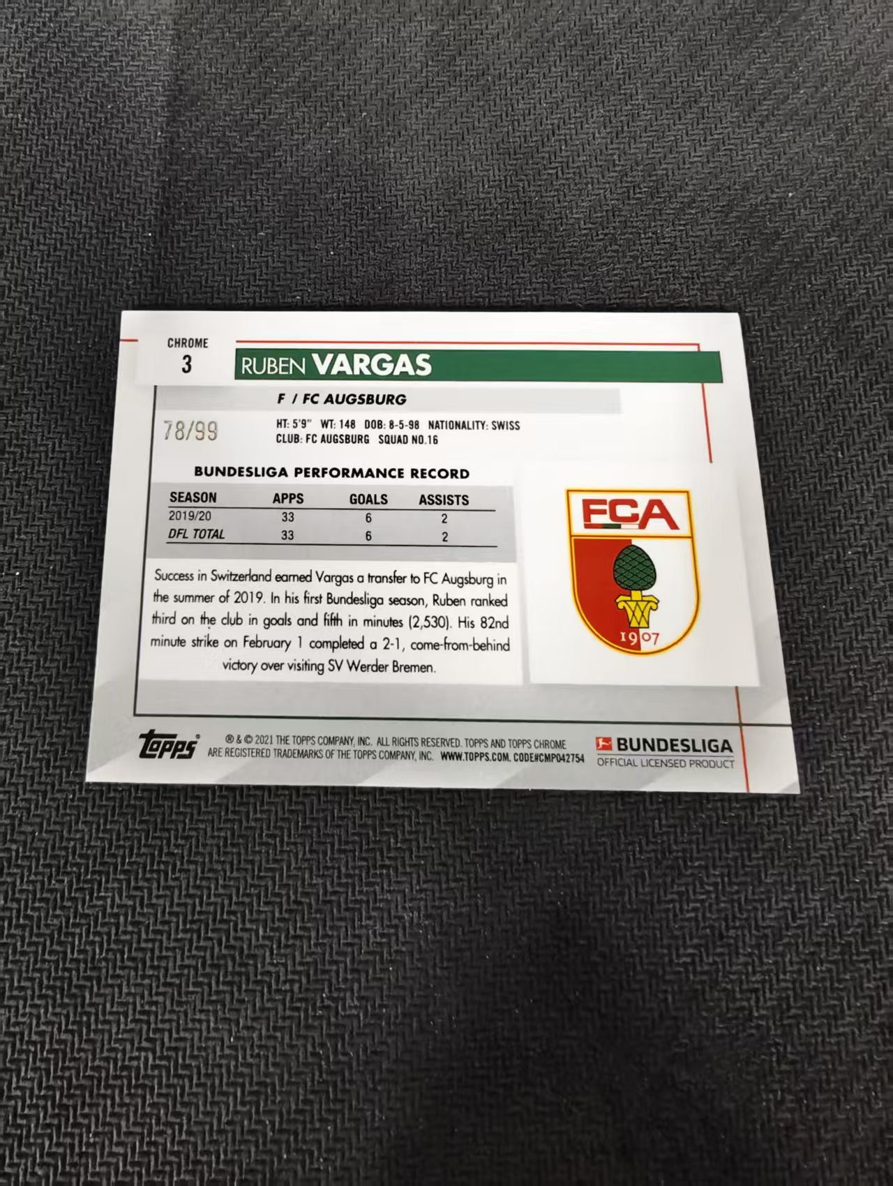 【可合并,不累计】2021 Topps Chrome Ruben Vargas 德甲 奥格斯堡 巴尔加斯 绿波纹 99编