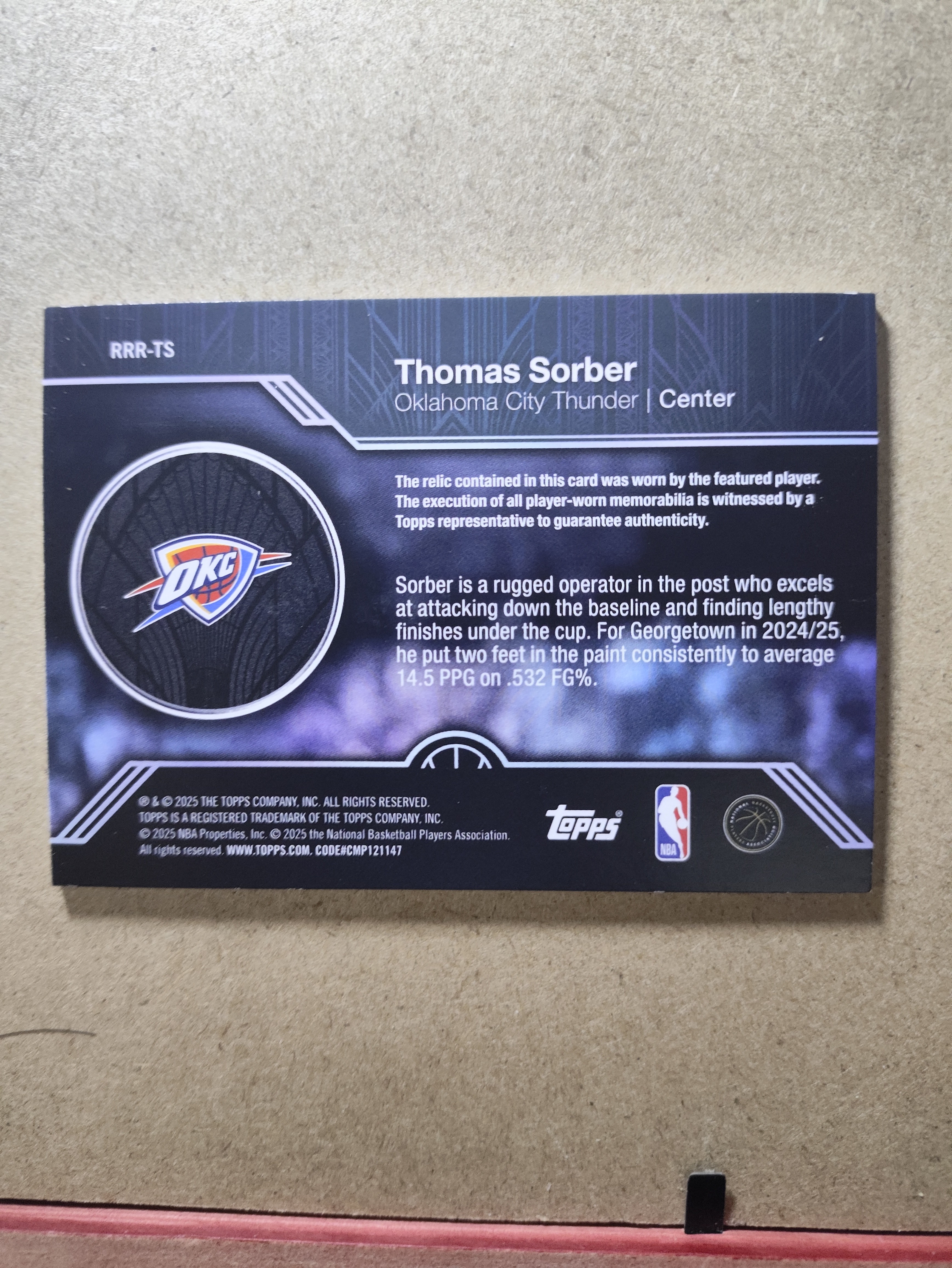 2025 Topps Flagship Thomas Sorber RC Topps元年 托马斯·索伯 RoundBall Remnants 亲穿物料 RC新秀 雷霆 卡品瑕疵如图 收藏必备 未来可期