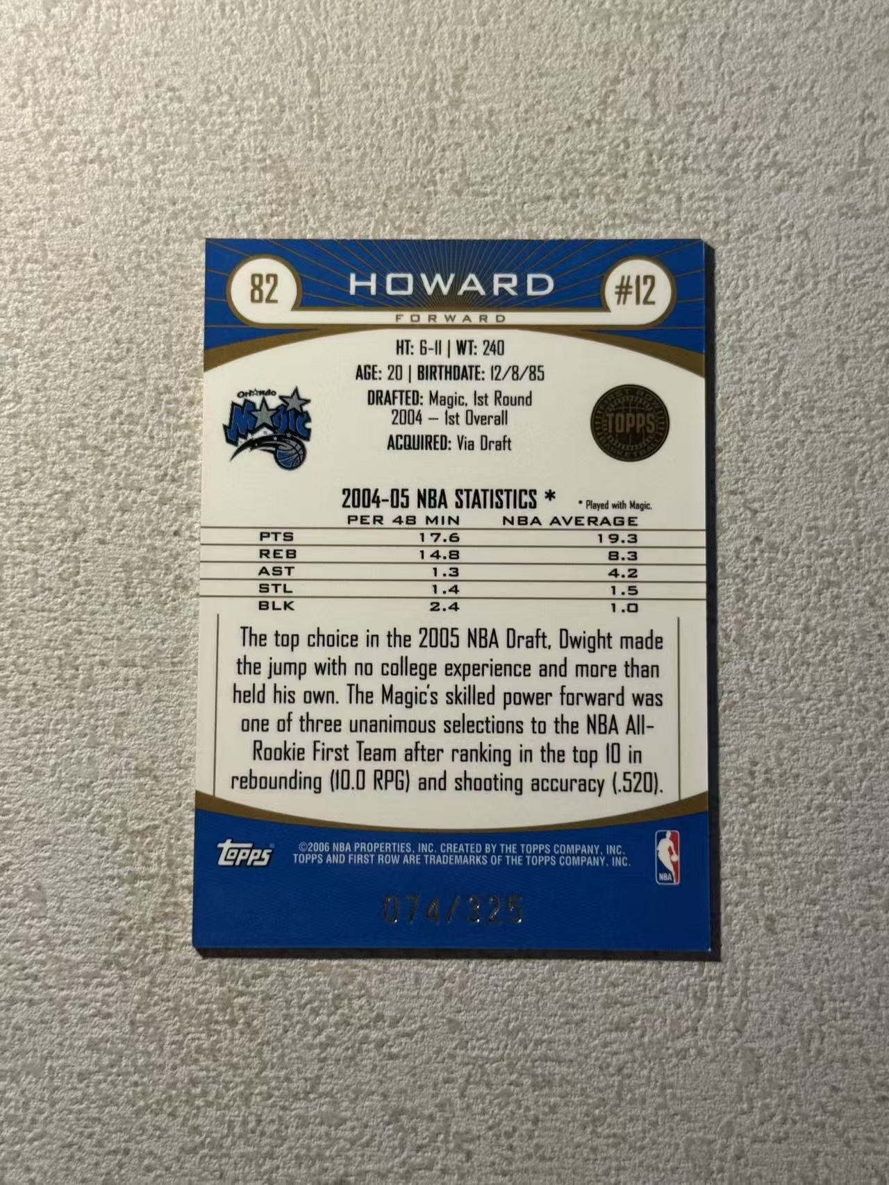 2005-06 Topps First Row Dwight Howard 魔术 德怀特 霍华德 魔兽 74/325编 折射 稀有带编老卡 经典选图 收藏必备
