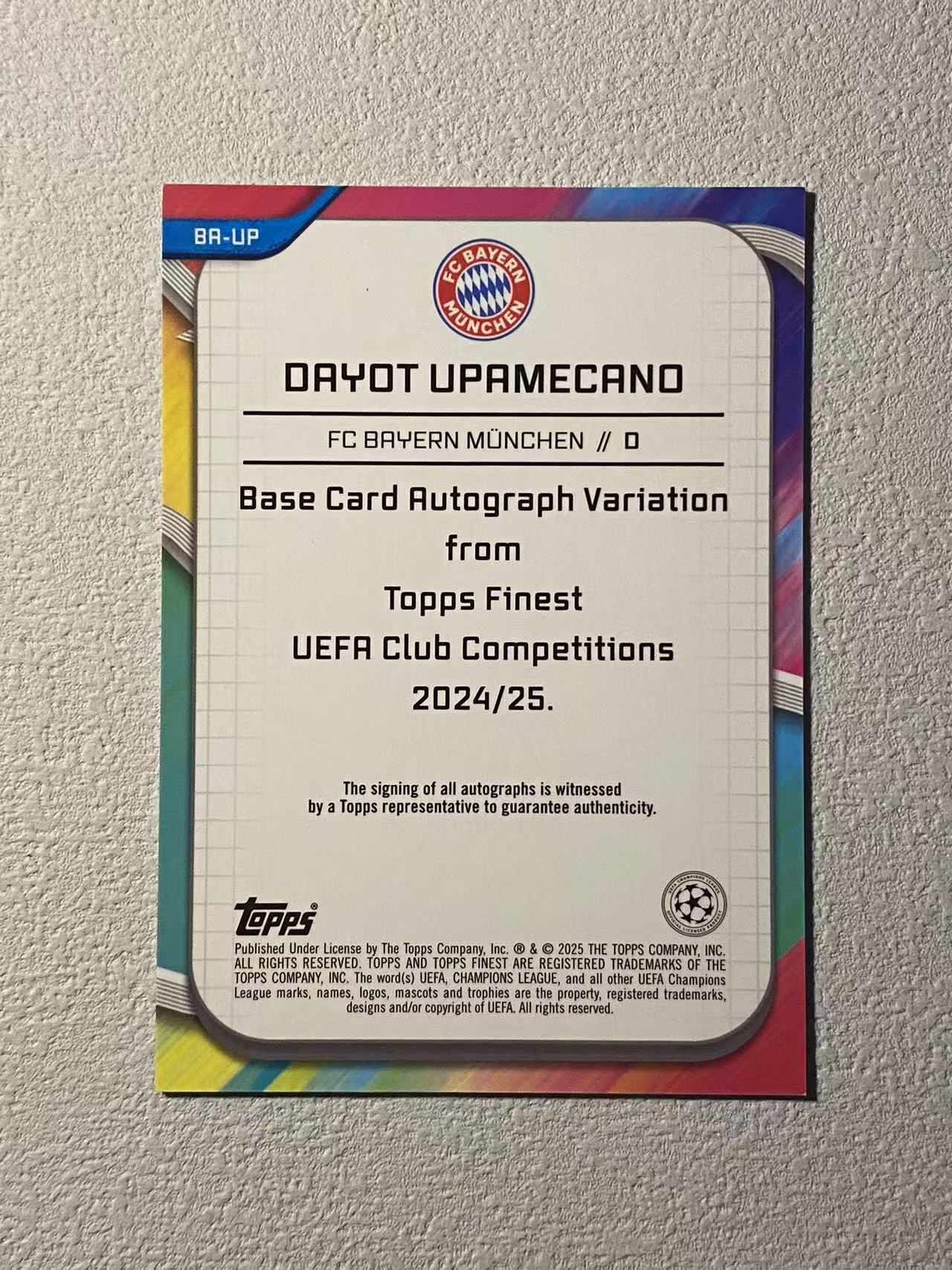 2024-25 Topps Finest Dayot Upamecano 欧冠 拜仁 乌帕梅卡诺 /50编 低编 签字 金熔岩折 折射 收藏必备