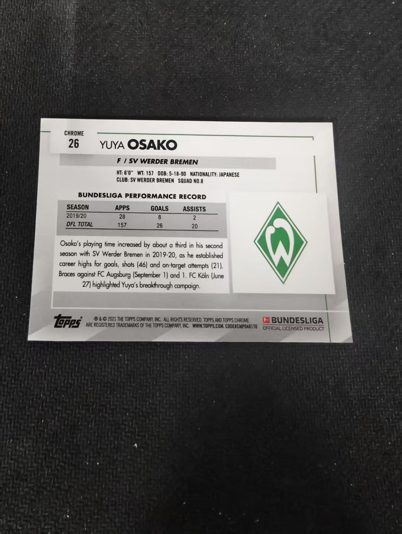 【可合并,不累计】2021 Topps Chrome Yuya osako 德甲 tc 大迫勇也 蓝宝石 碎冰折 #26 划痕 边角瑕疵