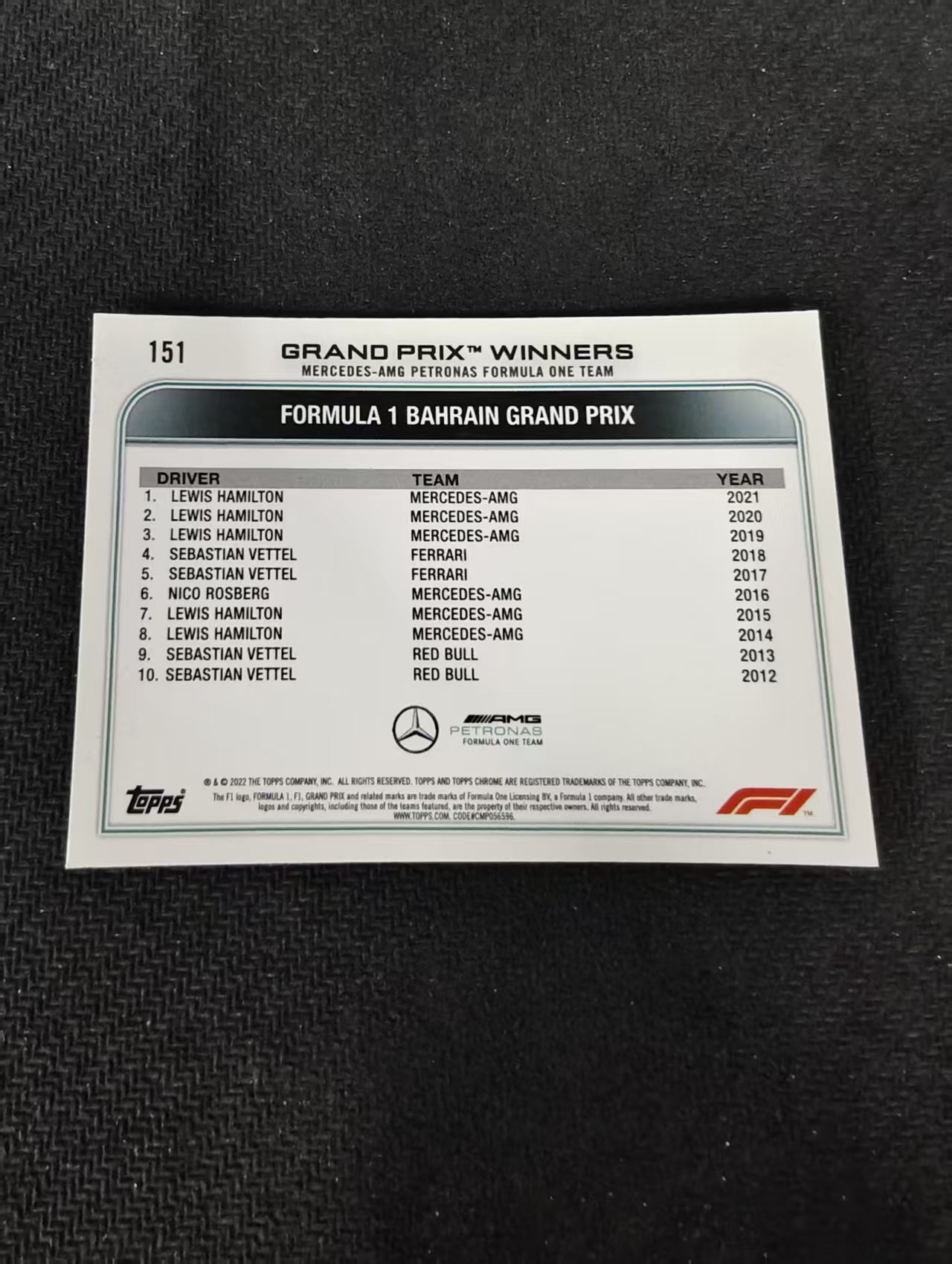 2022 Topps Chrome F1 Lewis Hamilton 刘易斯 汉密尔顿 AMG梅赛德斯奔驰 划痕 边角瑕疵 #151