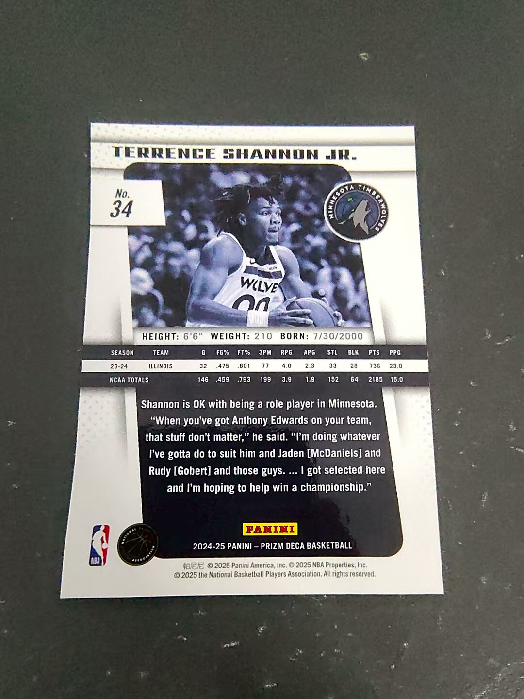 【可合并,不累计】2024-25 Panini Prizm Deca Terrence Shannon Jr. RC 森林狼 香农 PZ 划痕 边角瑕疵 #34