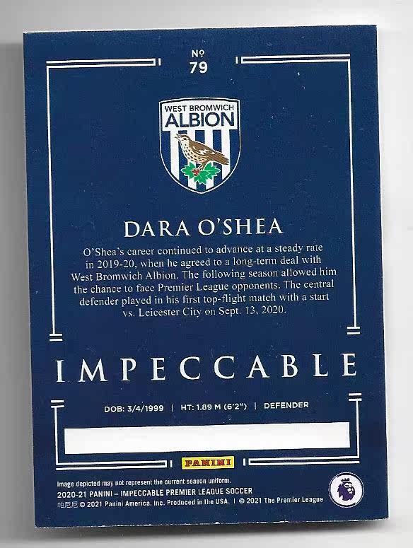2020-21 Panini Impeccable Dara O'Shea (鸿英收藏社)2020-21 Panini 英超 小真金 西布朗 奥谢 25编 球星卡 22/25
