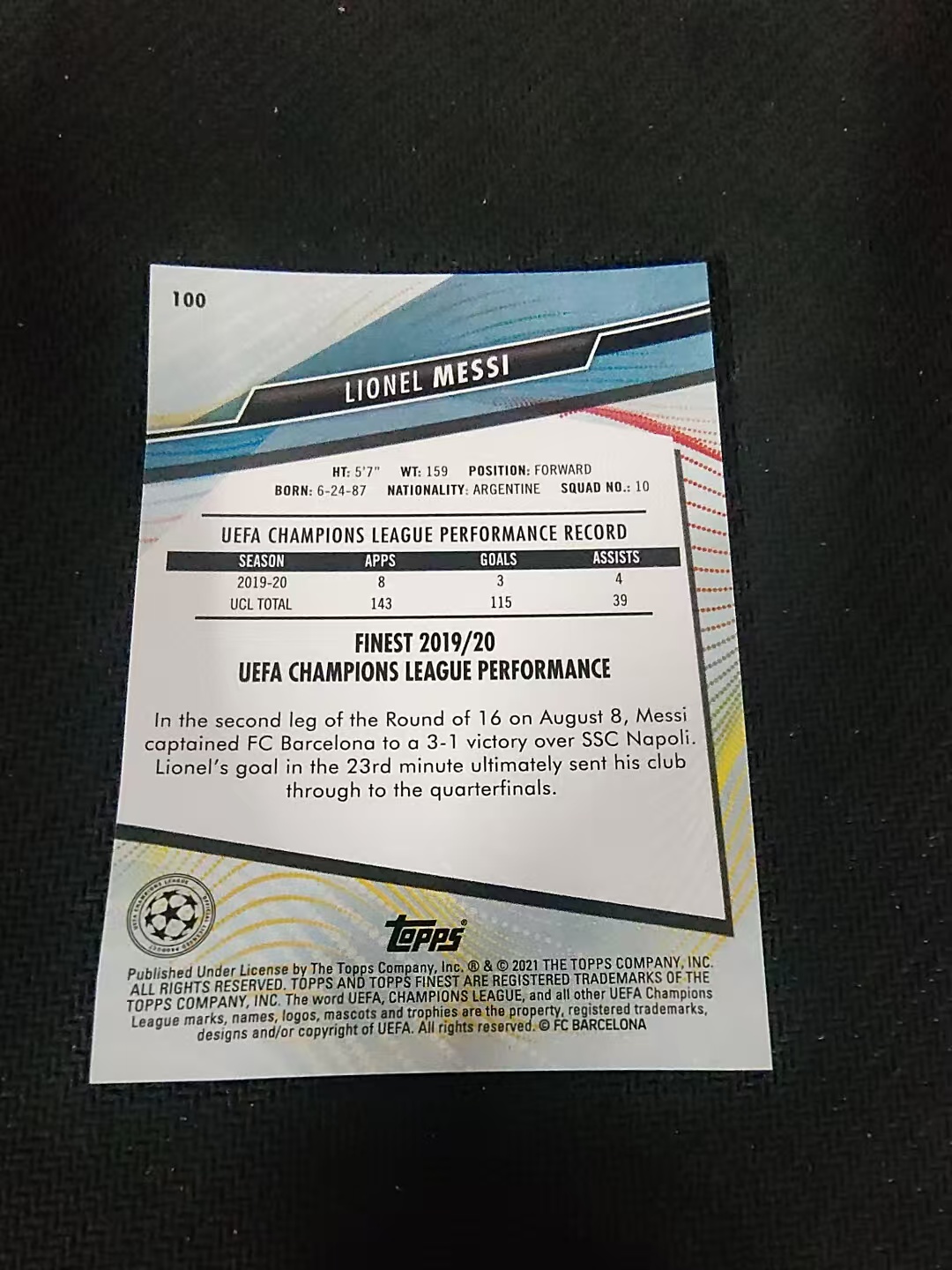 【可合并,不累计】2021 Topps Finest Lionel Messi 巴塞罗那 巴萨 梅老板 利昂内尔 梅西 划痕 边角瑕疵 #100