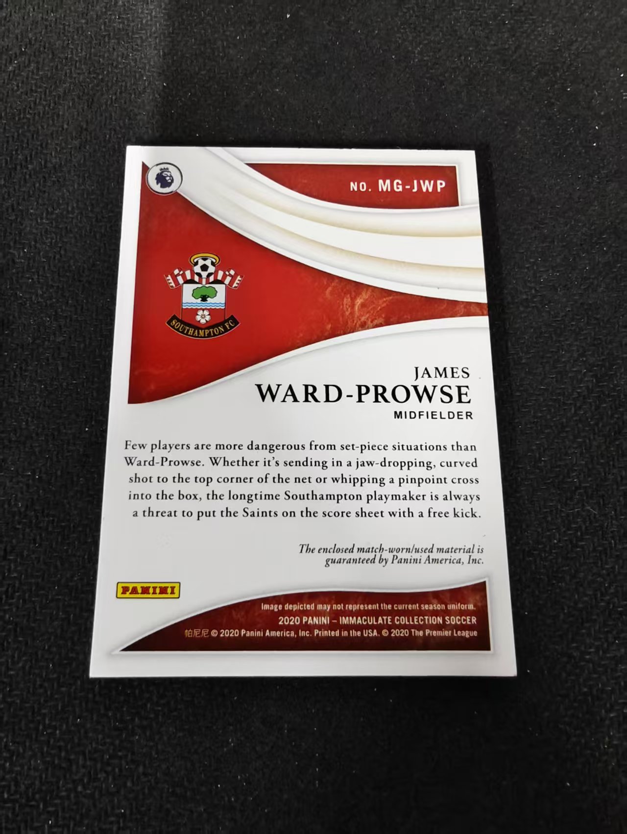 2020 Panini Immaculate James Ward Prowse 爱咪咪 南安普顿 沃德 普劳斯 大窗 落场 亲穿 球衣卡 99编 瑕疵如图