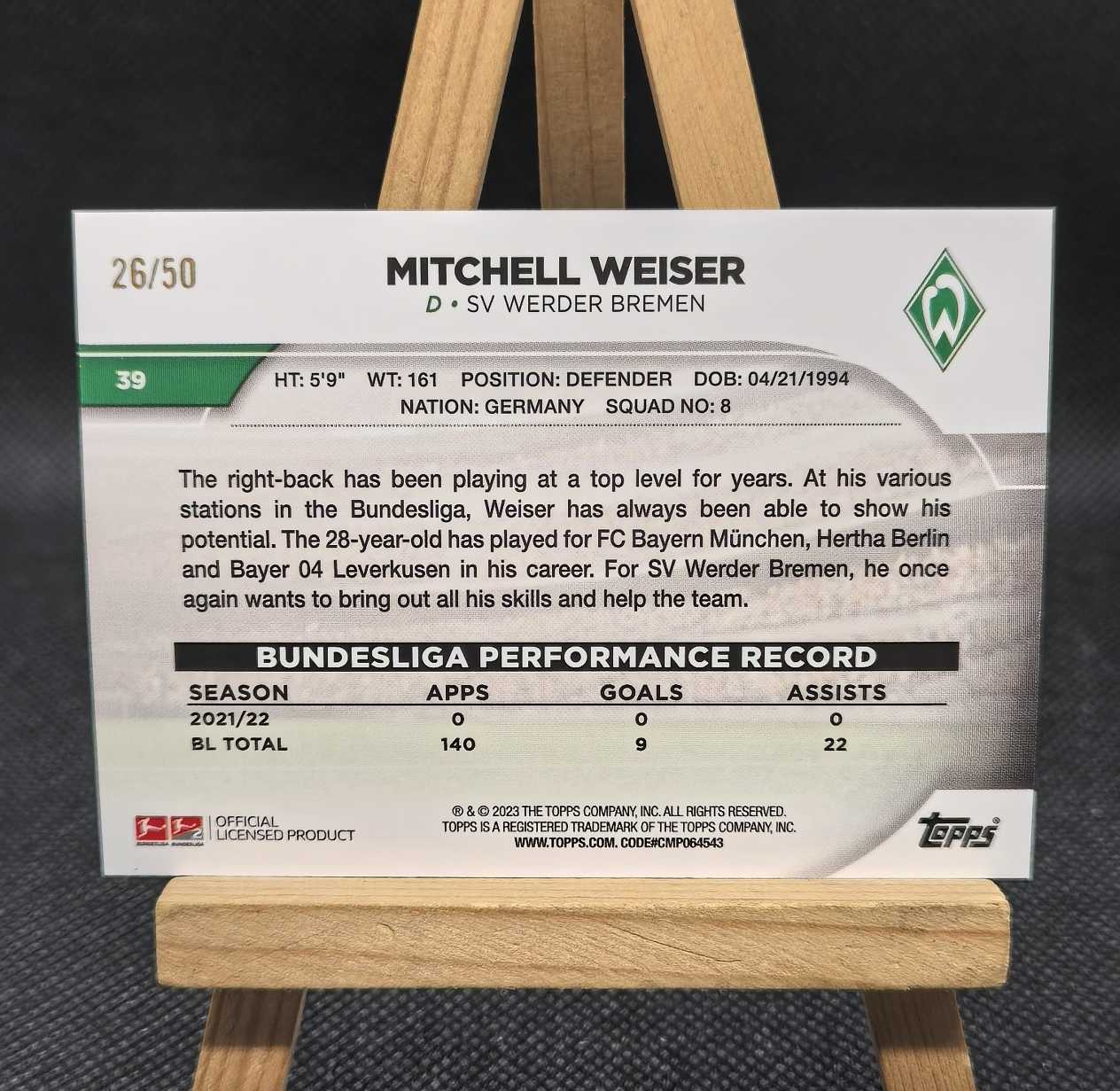 2025 【OT拍卖0手续】 德甲碧玉 Mitchell Weiser 魏泽 50编 金玉折 云达不莱梅 队长 卡品如图 GH06