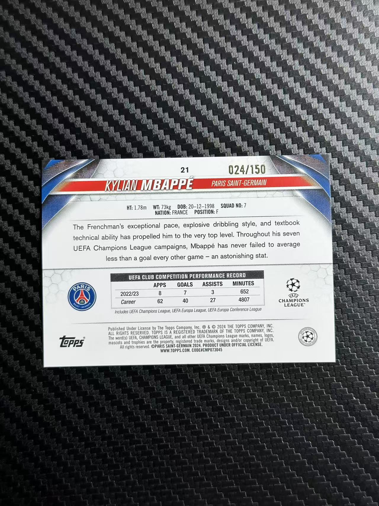 2024 Topps ucc Kylian Mbappe 欧冠 龙年 碧玉 姆巴佩 巴黎圣日耳曼 新年折 024/150编 卡品如图 拍前看描述