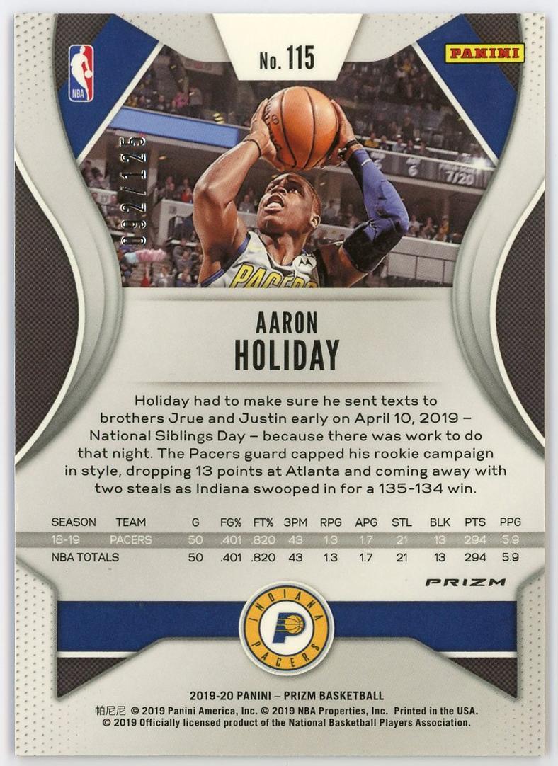 2019-20 Panini Prizm Aaron Holiday 阿隆霍乐迪 pz 125编 红泡泡折 折射 步行者 卡品如图 0MJ9