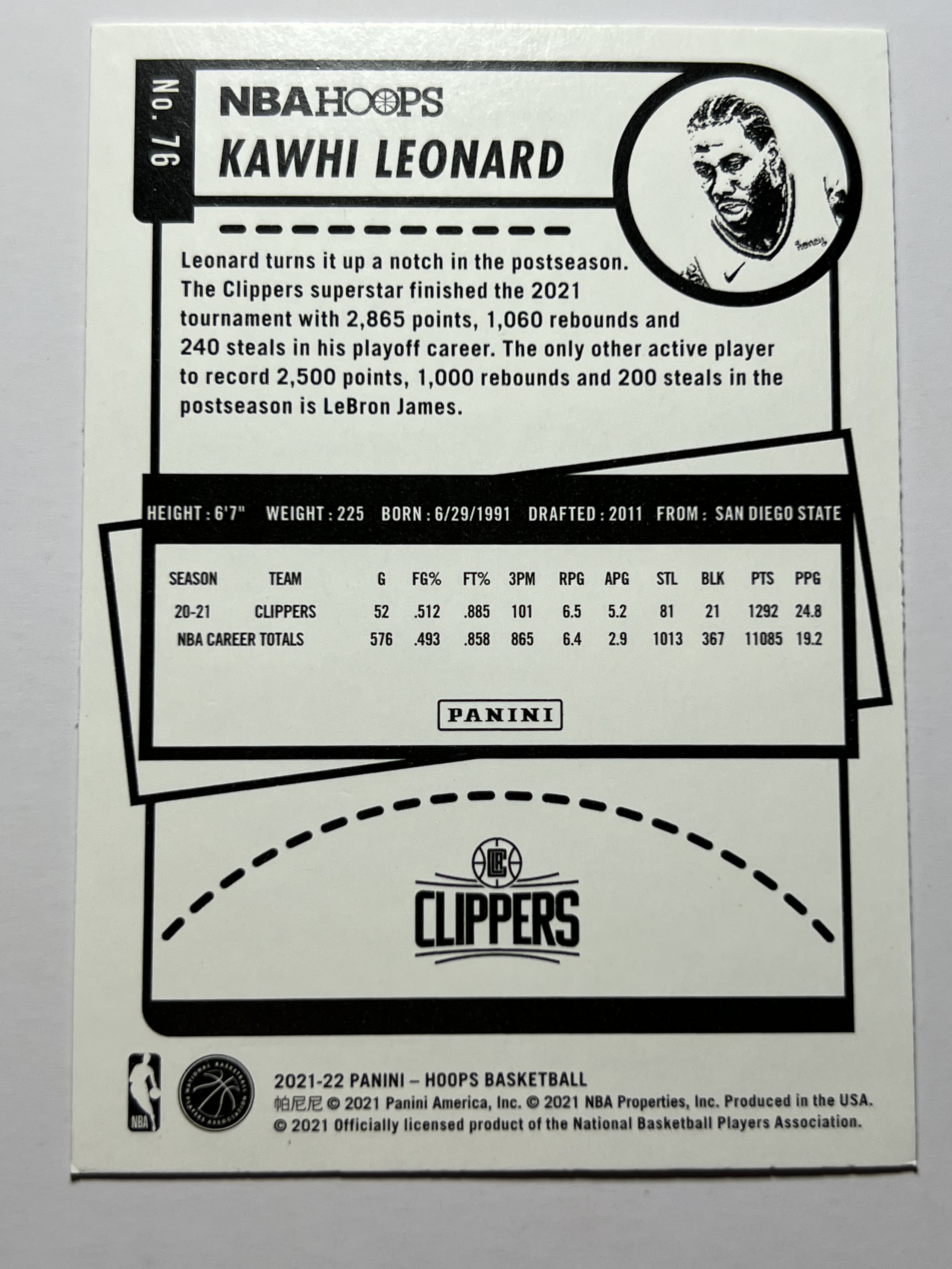 2021-22 Panini Hoops Kawhi Leonard 科怀 伦纳德 小卡 快船队 《 热门球星 收藏必备 》 凑套必备 实卡精美 可合并 #76
