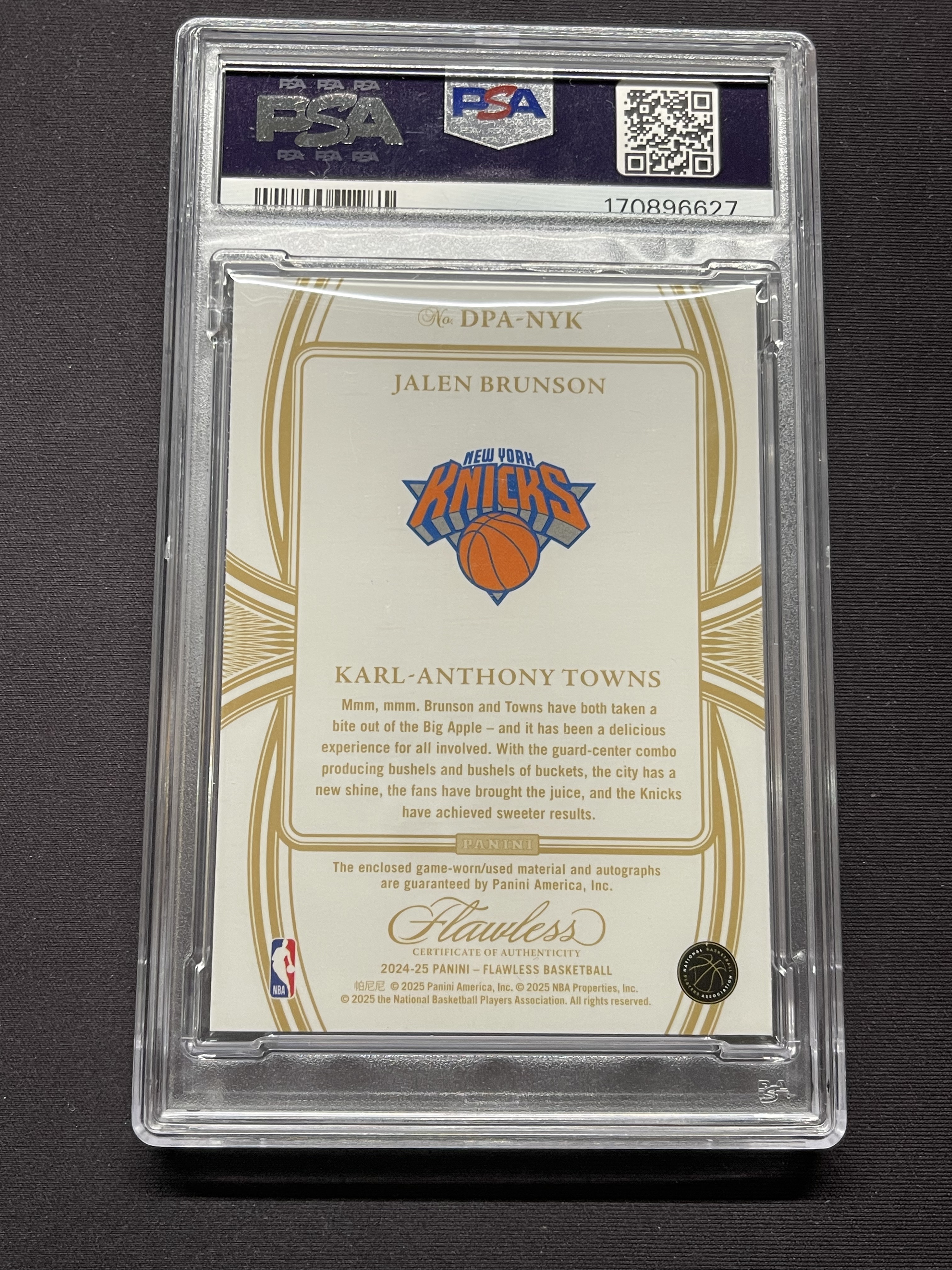 2024-25 Panini Flawless Brunson Towns 手提 尼克斯 杰伦布伦森 唐斯 patch 签字卡签 双人PA 1/5编 首编 金闪 PSA10 POP1「老夫子」JS