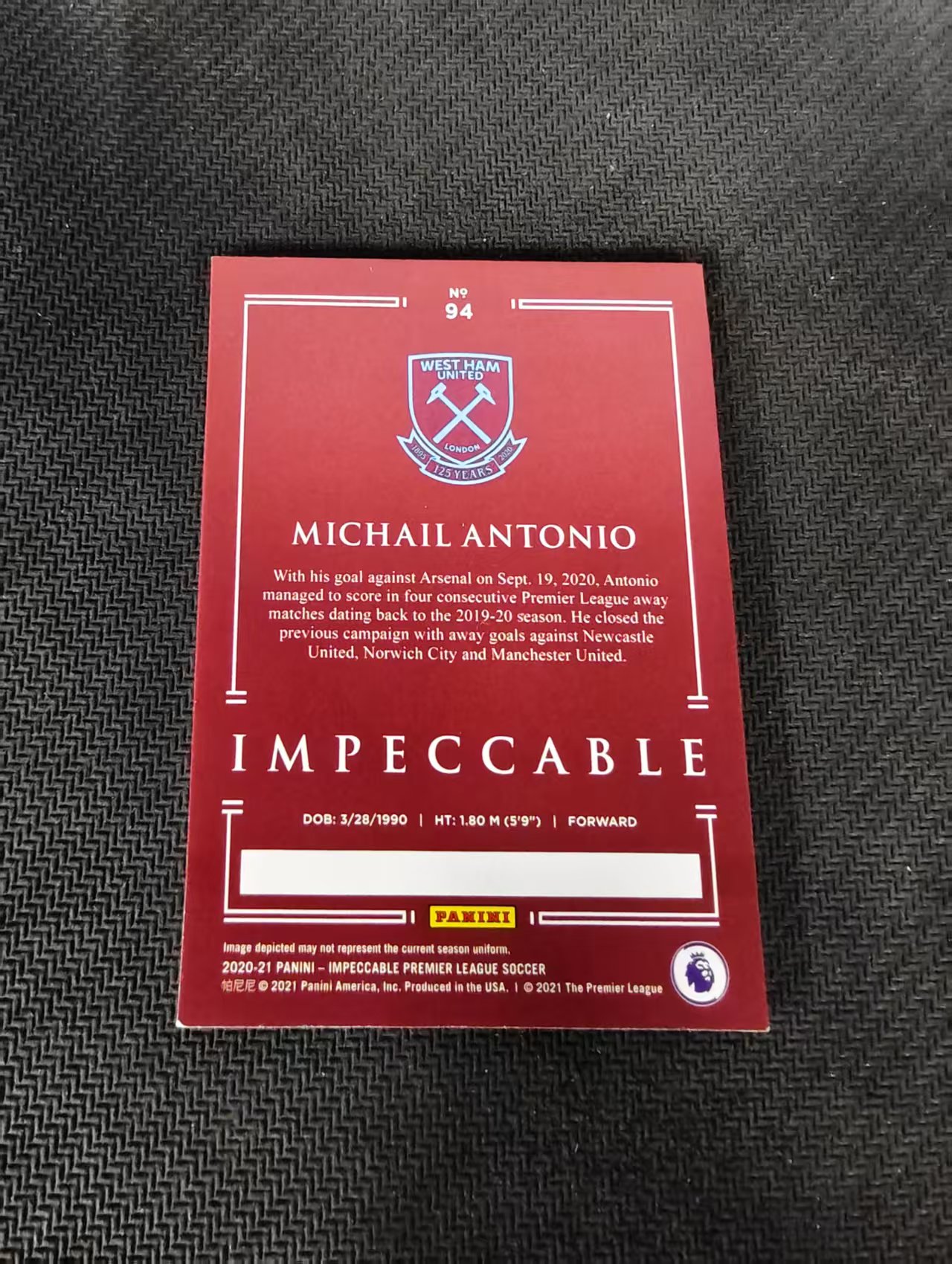 【可合并,不累计】2020-21 PANINI IMPECCABLE ANTONIO 安东尼奥 25编 西汉姆联 牙买加 小真金 英超 边角瑕疵