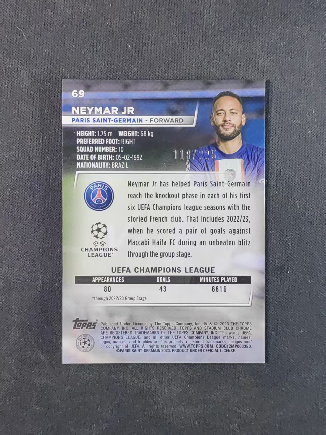 2023 Topps Stadium Club Neymar Jr 【林林拍卖吹c王】竞技场系列 欧冠 巴黎圣日耳曼 内马尔 118/225编 绿闪电折