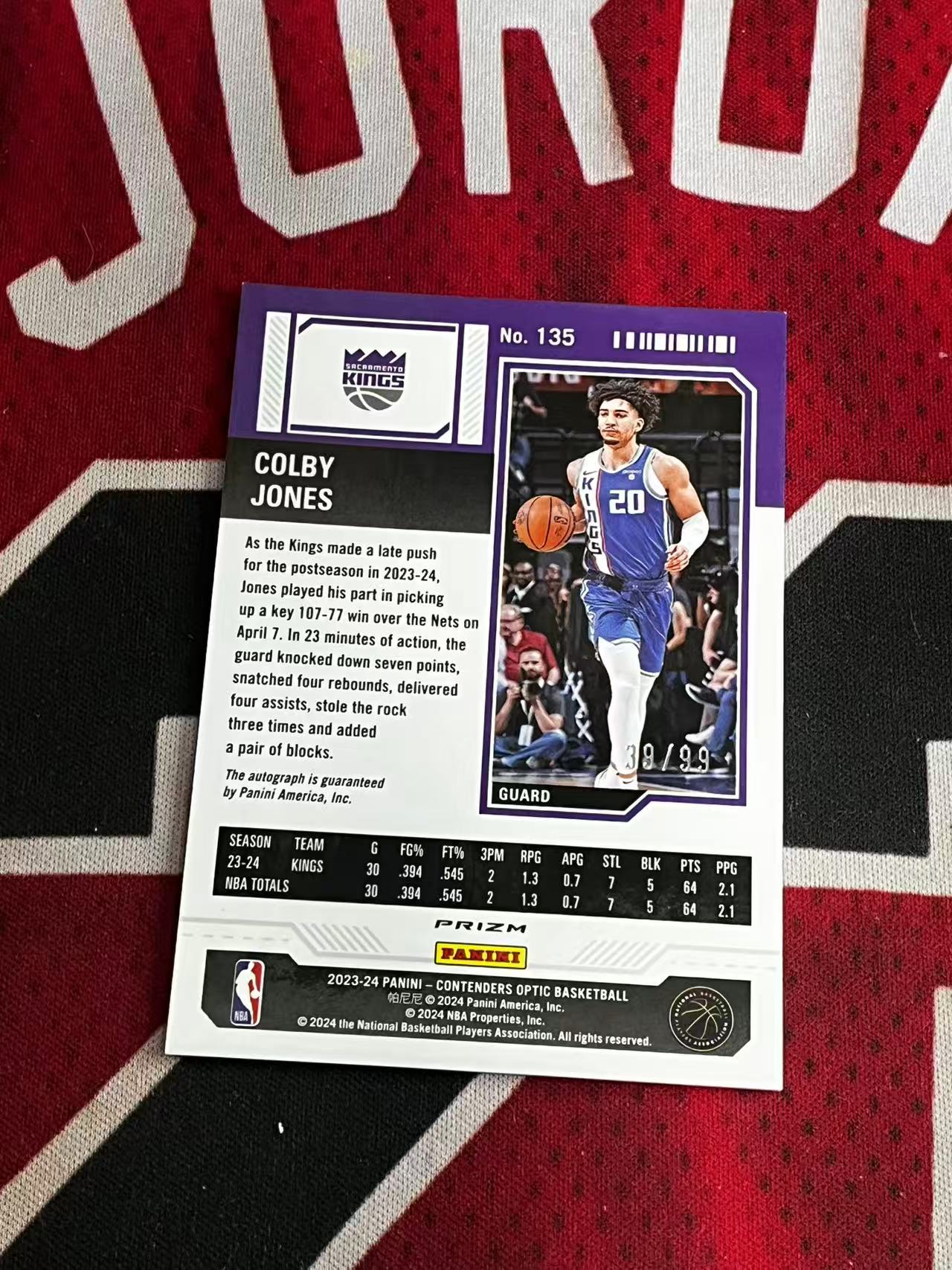 【0手续费接寄拍】2023-24 PANINI CONTENDERS OPTIC 球票系列 国王 新秀RC 科尔比琼斯 99编 签字卡 卡签 正新秀球票签字卡 红折 折射【烂臭嘴拍卖】