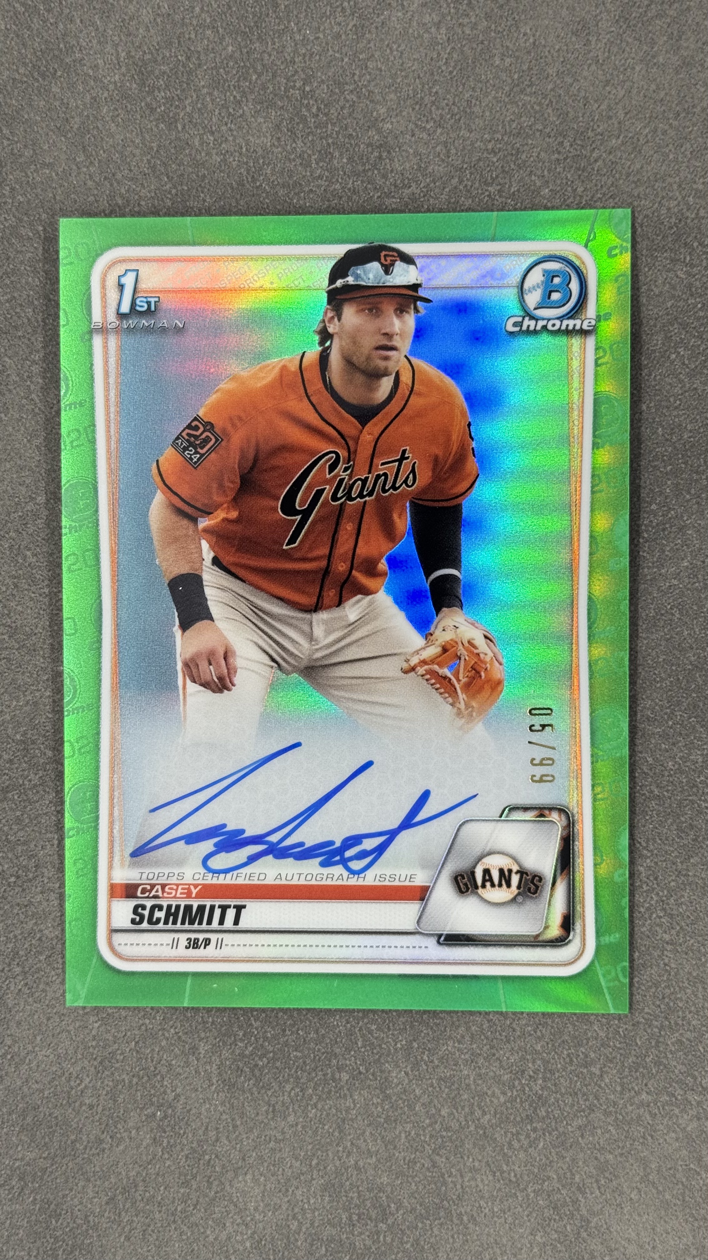 2020 Topps Bowman Casey Schmitt 1st 巨人队 凯西・施密特 现球队核心 签字 卡签 墨迹完美 绿平行 折射 限量/99编 未来可期 值得投资收藏 #CDA-CS