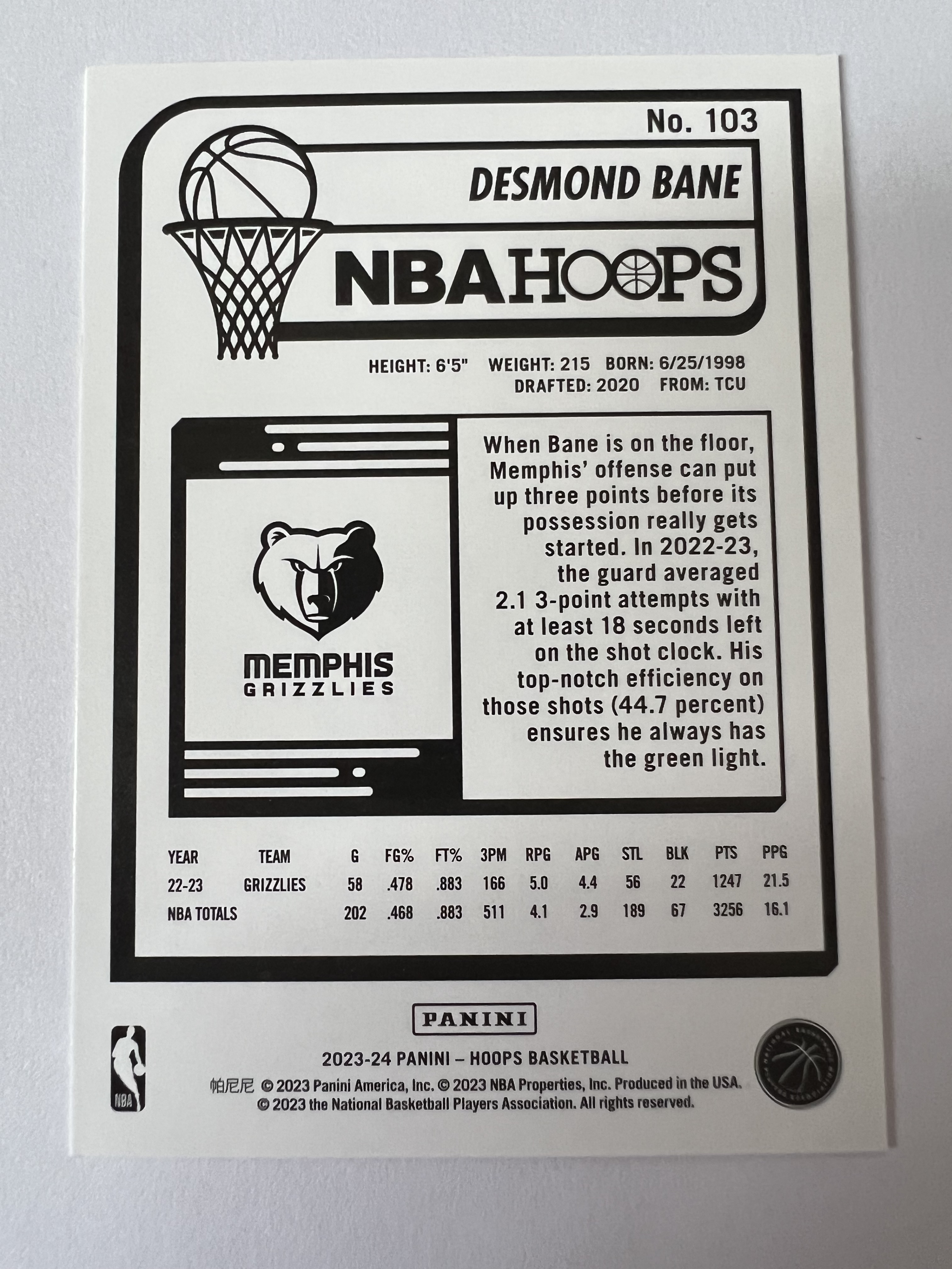 2023-24 Panini NBA Hoops Desmond Bane 戴斯蒙德 贝恩 灰熊队 热门球星 收藏必备 凑套必备 实卡精美 #103