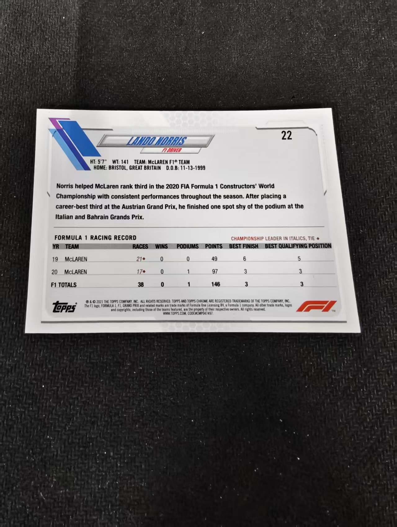 2021 TOPPS CHROME LANDO NORRIS F1 赛车 迈凯伦车队 兰多诺里斯 划痕 边角瑕疵 #22