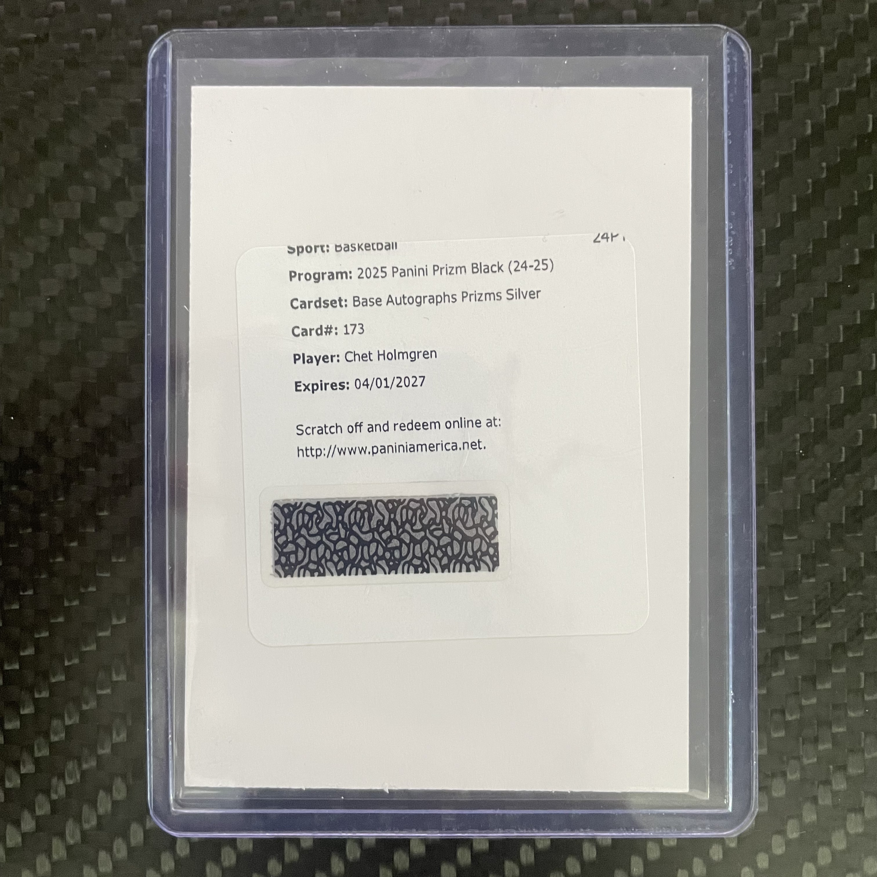 2024-25 Panini Prizm Black Chet Holmgren 【杰克森拍卖】切特 霍姆格伦 雷霆 签字 银折 折射 交换板 只发板 不发码 不帮兑换 韦哥