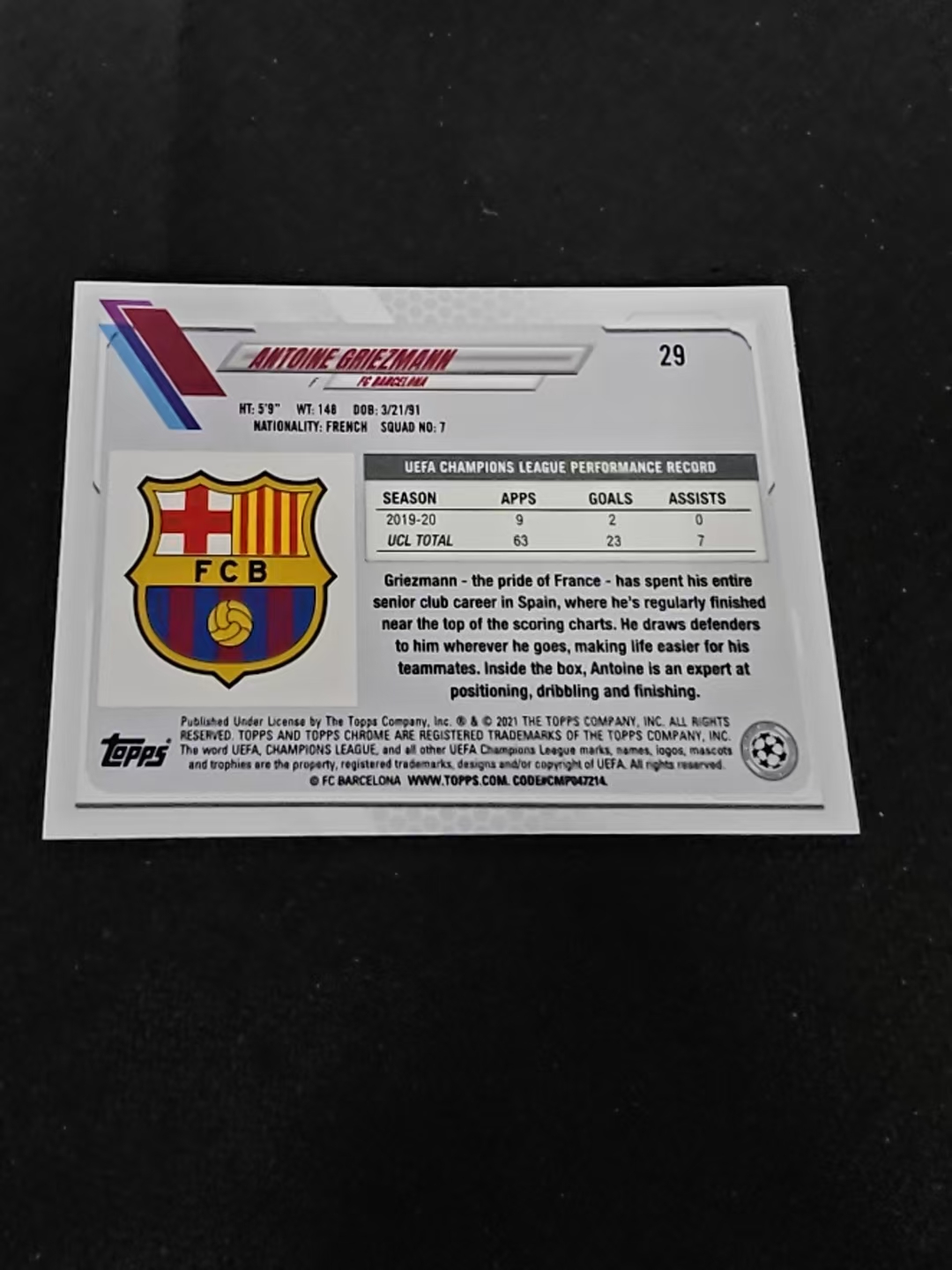 【可合并,不累计】2021 Topps Chrome Antoine Griezmann 欧冠 蓝宝石 巴萨 格列兹曼 蓝碎冰 不保卡品 介意勿拍 #29