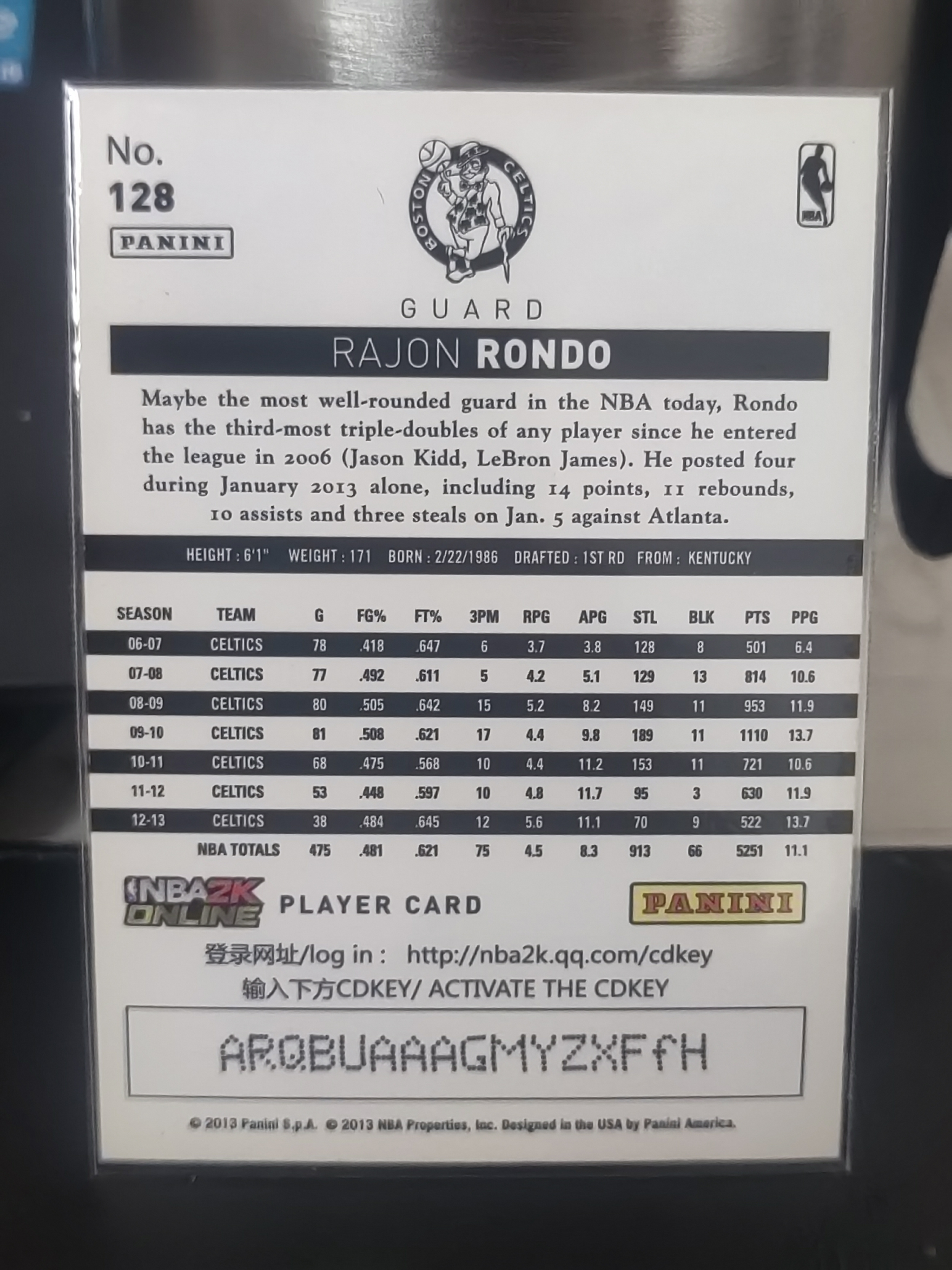 2013 Panini S.p.A Rajon Rondo 中雅图 折射 朗多 隆多 凯尔特人 篮 白边白角 不保卡品 卡品如图