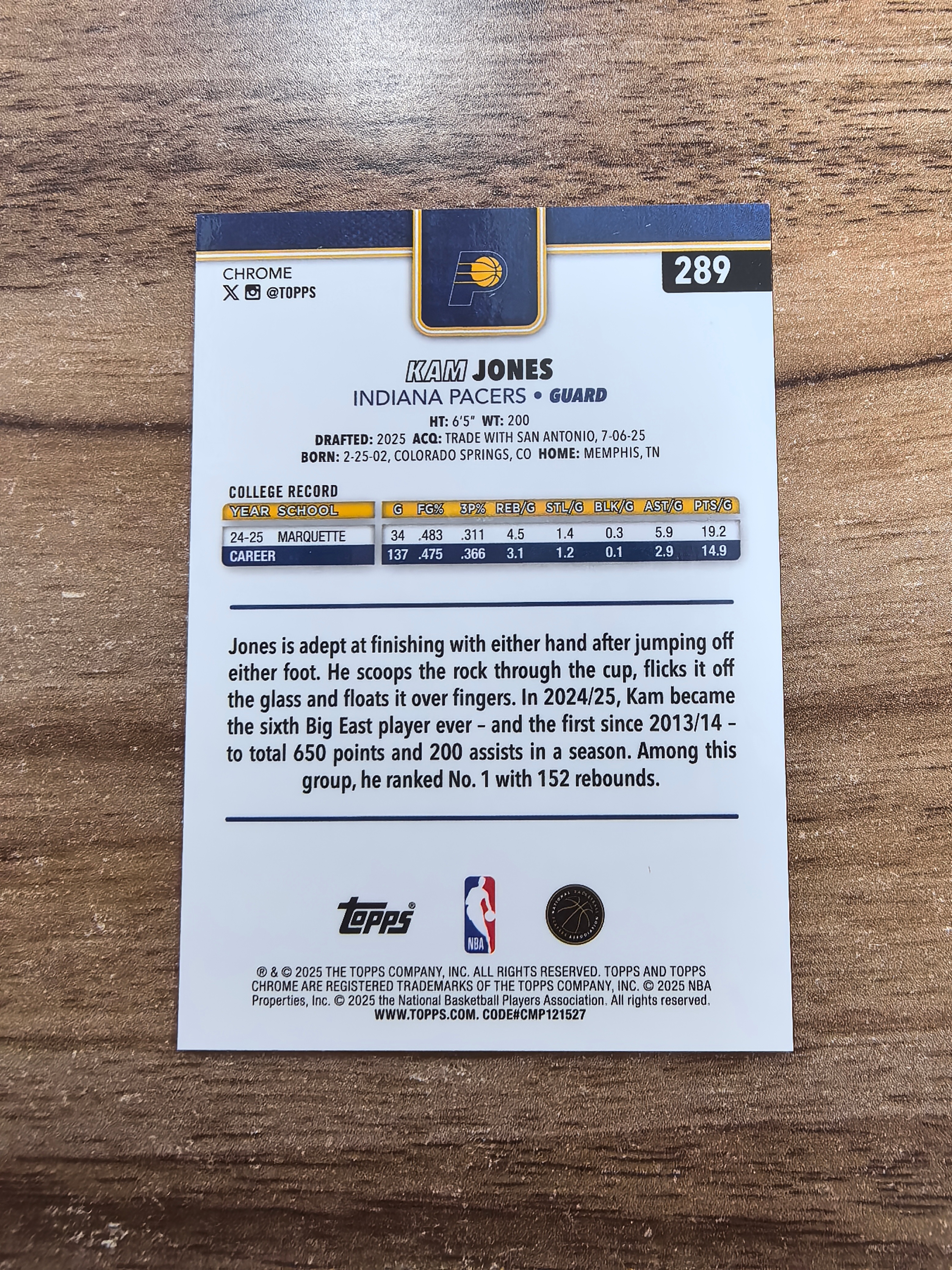 2025 Topps Chrome Kam Jones RC 步行者 卡姆琼斯 新秀 20/50编 金折 折射 实卡精美 卡品如图 收藏必入 王哥