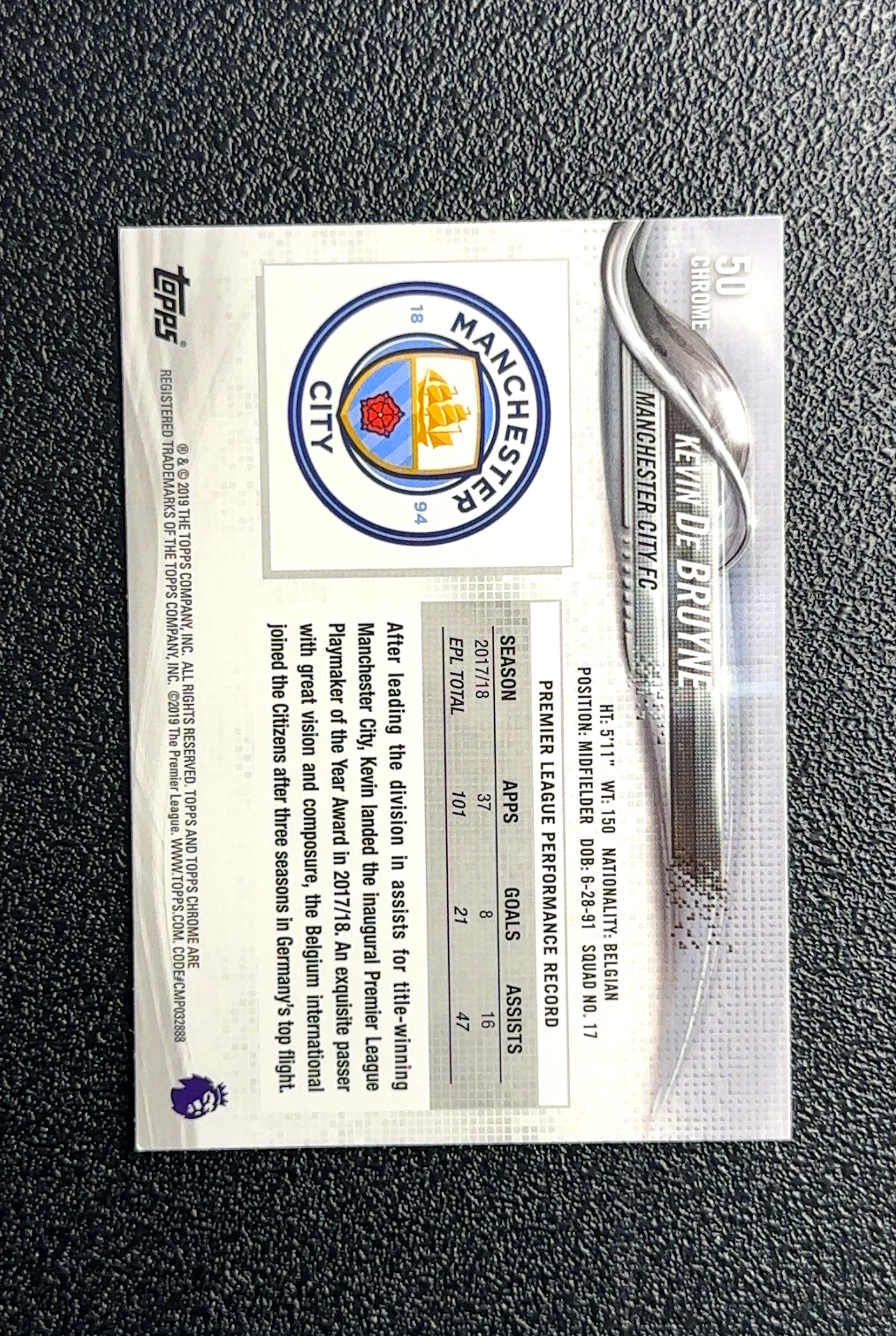 【大鱼】2019 Topps Chrome Kevin De Bruyne 凯文·德布劳内 卡品如图 高价值 #50 Manchester City FC 曼城足球俱乐部 0028#543