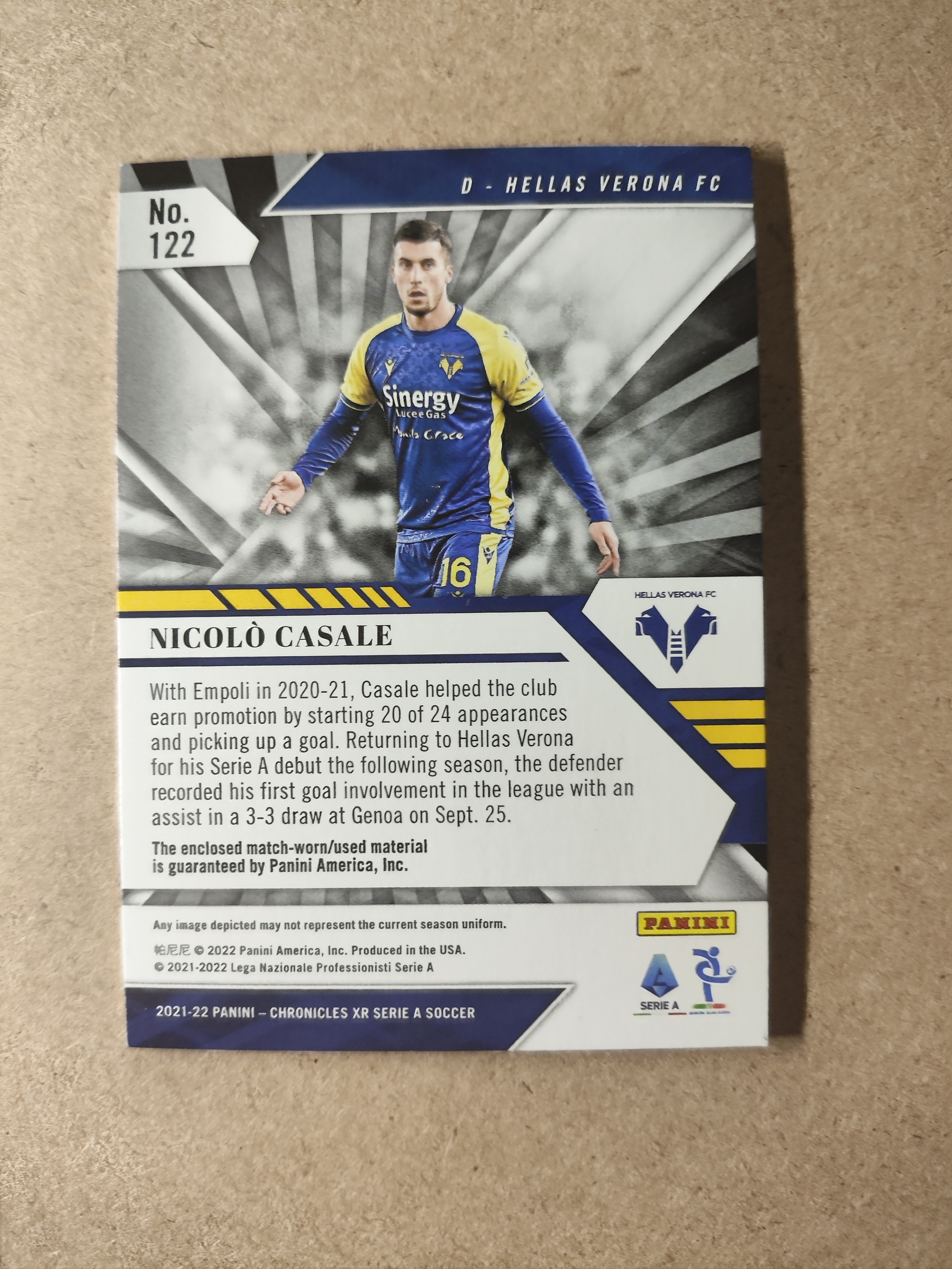 2021-22 Panini Chronicles Nicolo Casale 意甲新秀实物卡 尼科洛·卡萨莱 RC 新秀 物料 球衣卡 177/199编 卡品如图 收藏必备