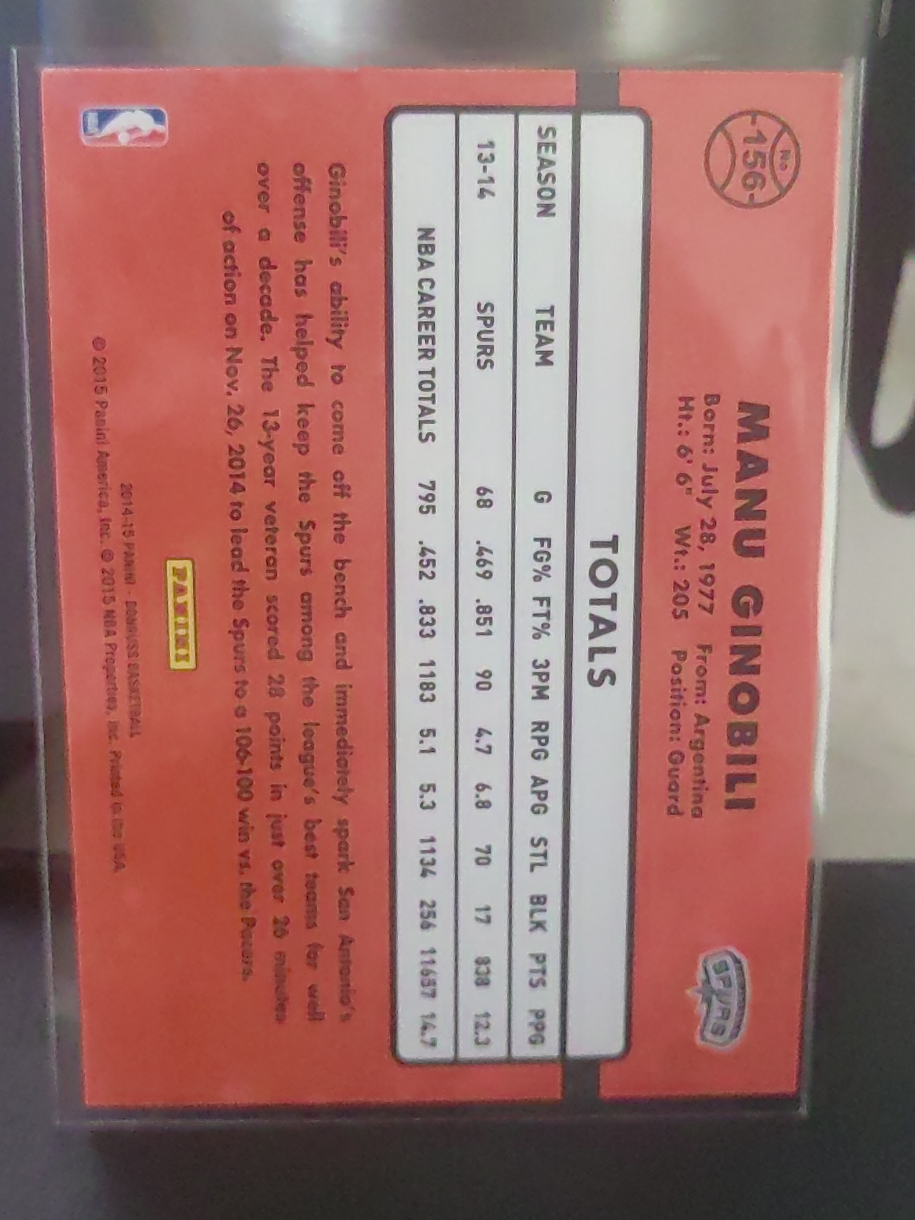 2014-15 Panini Donruss Manu Ginobili 杜蕾斯 马努 吉诺比利 马刺 妖刀 篮 白边白角 不保卡品 卡品如图