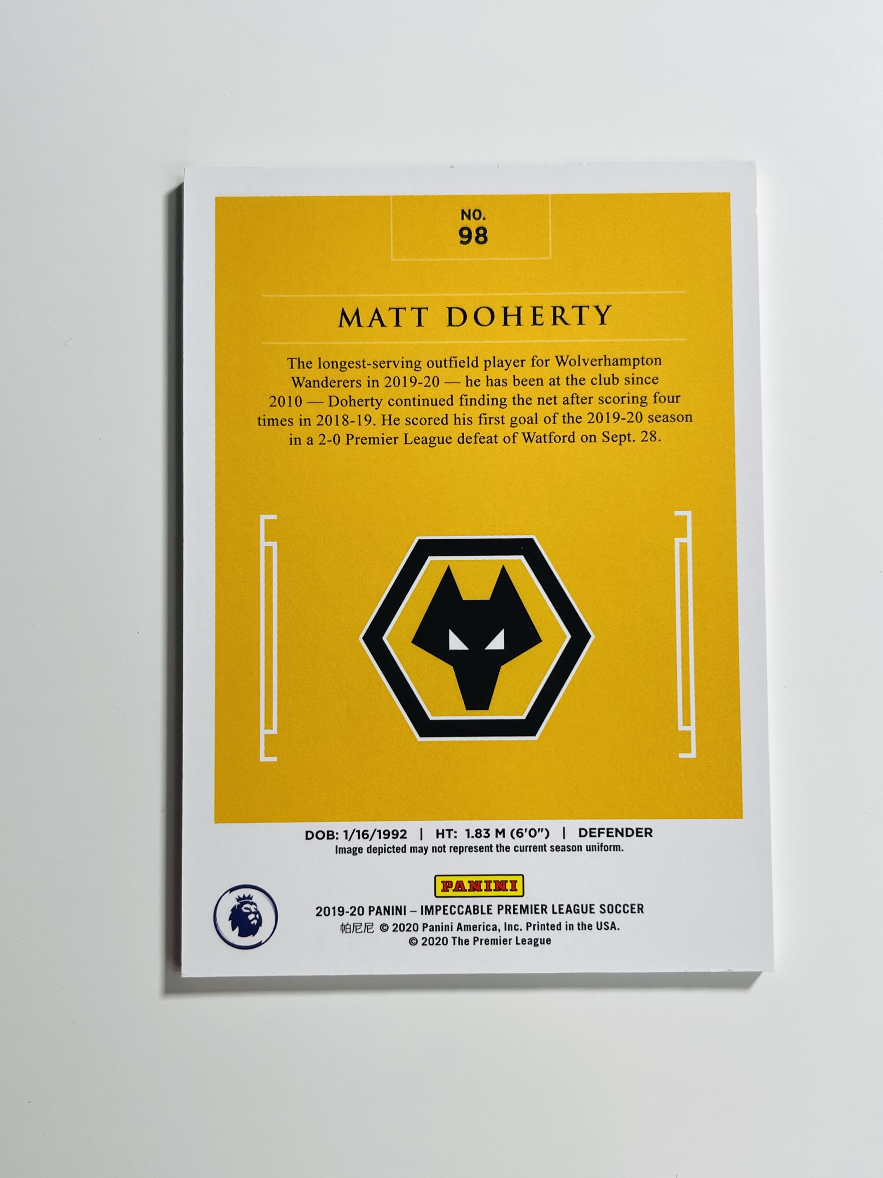 【CHILL官方代拍】诺010 2019-20 Panini 英超小真金元年 狼队 热刺 Matt Doherty 马特 多尔蒂 RC新秀 银 ...