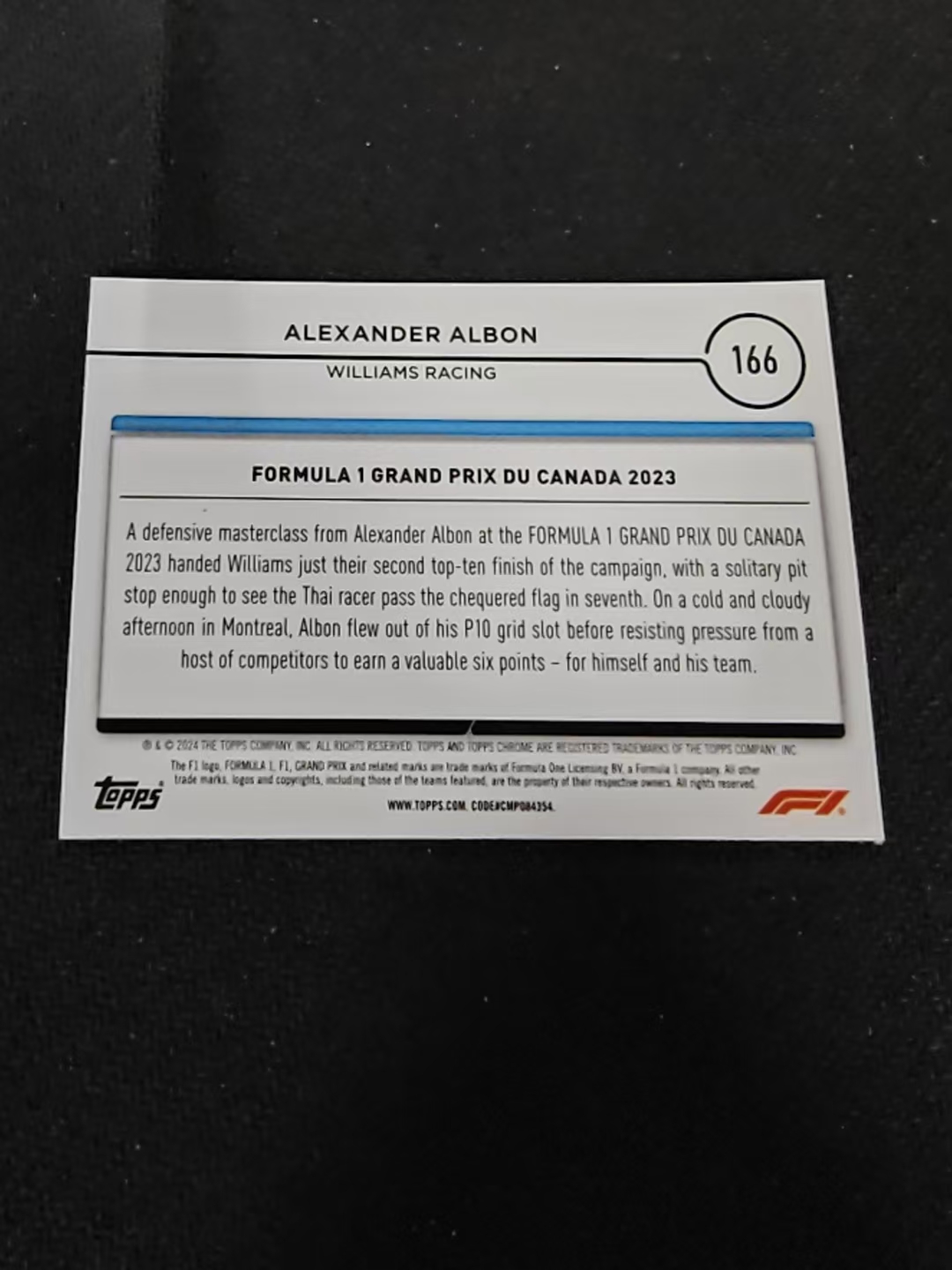 2024 Topps Chrome F1 Alexander Albon 方程式赛车 亚历山大 阿尔本 威廉姆斯车队 划痕 边角瑕疵 #166