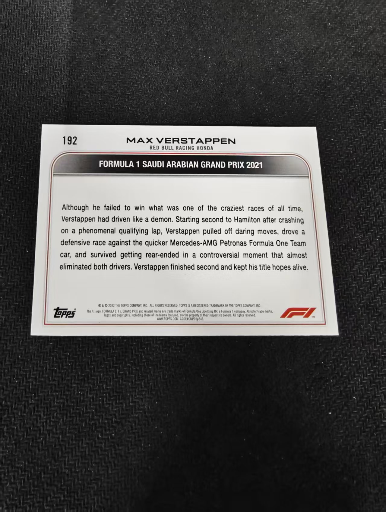 2022 Topps Chrome F1 Max Verstappen 维斯塔潘 红牛 划痕 边角瑕疵 @192
