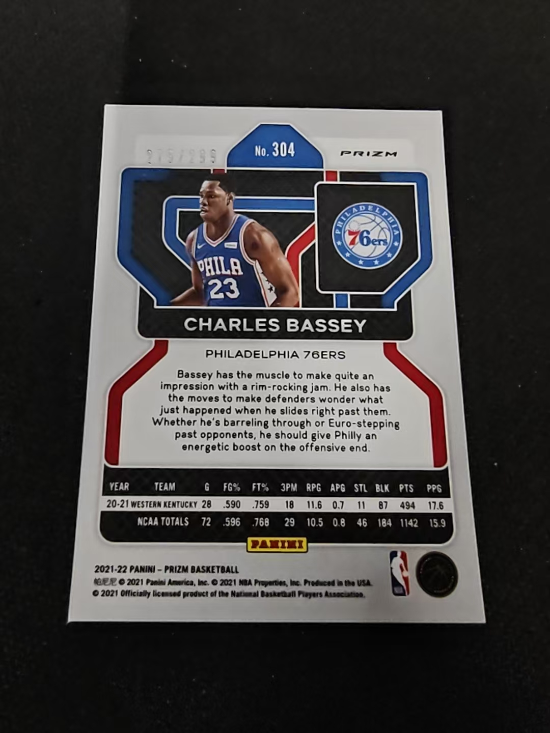 2021-22 Panini Prizm Charles Bassey RC 76人 查尔斯 巴锡 新秀 红折 299编 瑕疵如图