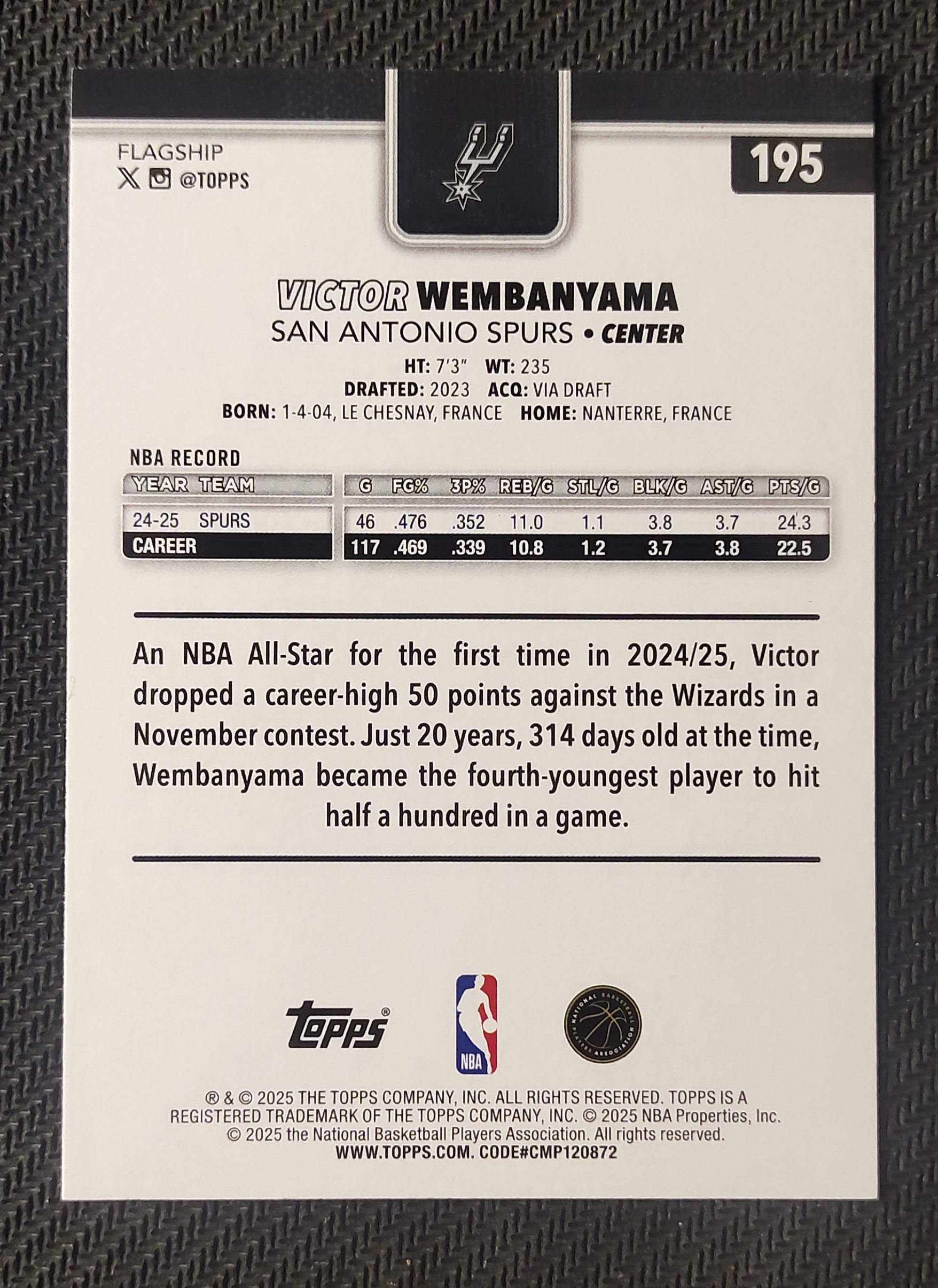 2025 Topps Topps Victor Wembanyama 维克托 文班亚马 马刺 斑马 base 瑕疵如图