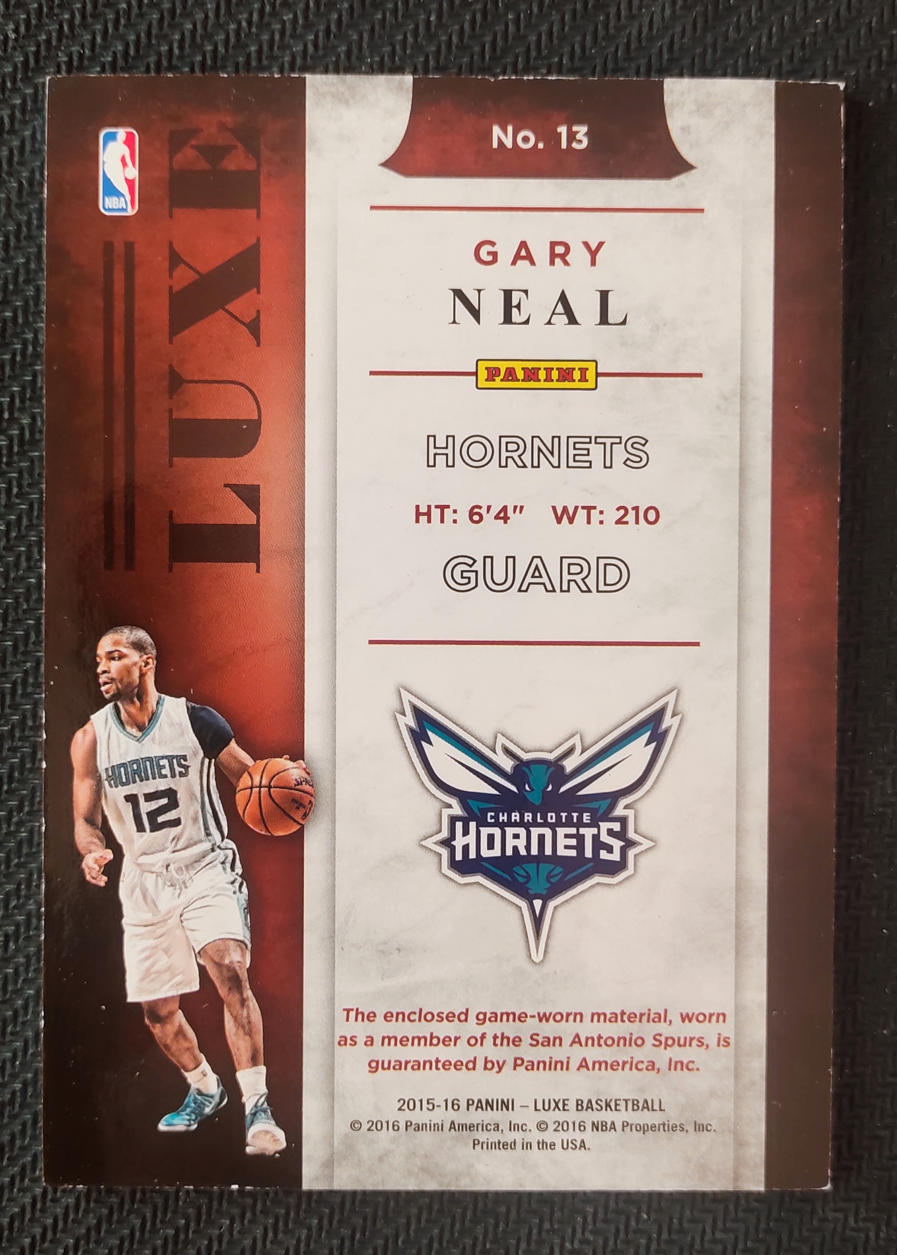 2015-16 Panini Luxe Gary Neal 加里 尼尔 黄蜂 亲穿 落场 球衣 物料 切割 06/99 瑕疵如图