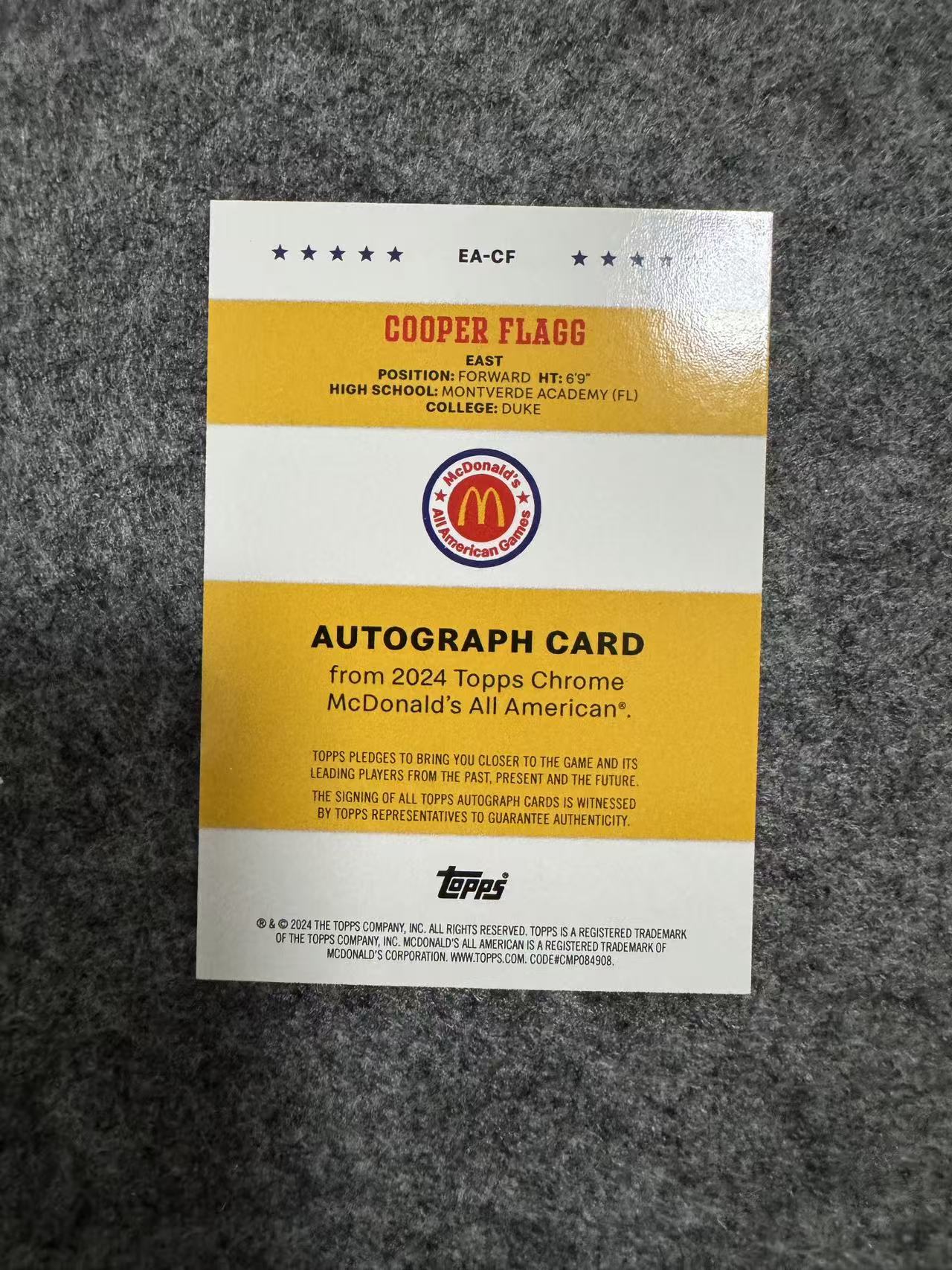 2024 Topps 麦当劳 Cooper Flagg 明日 麦当劳全明星 签字 卡签 独行侠队 状元 未来超巨 潜力新星