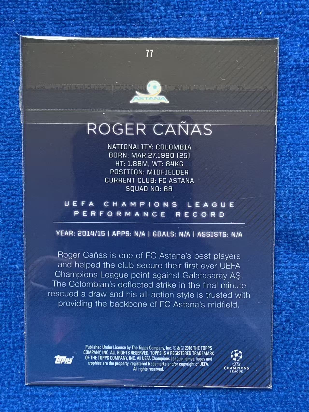 2016 Topps UEFA Champions League Canas 欧冠 50编铜折Bronze 阿斯塔纳Astana 罗杰卡纳斯 哥伦比亚Colombia