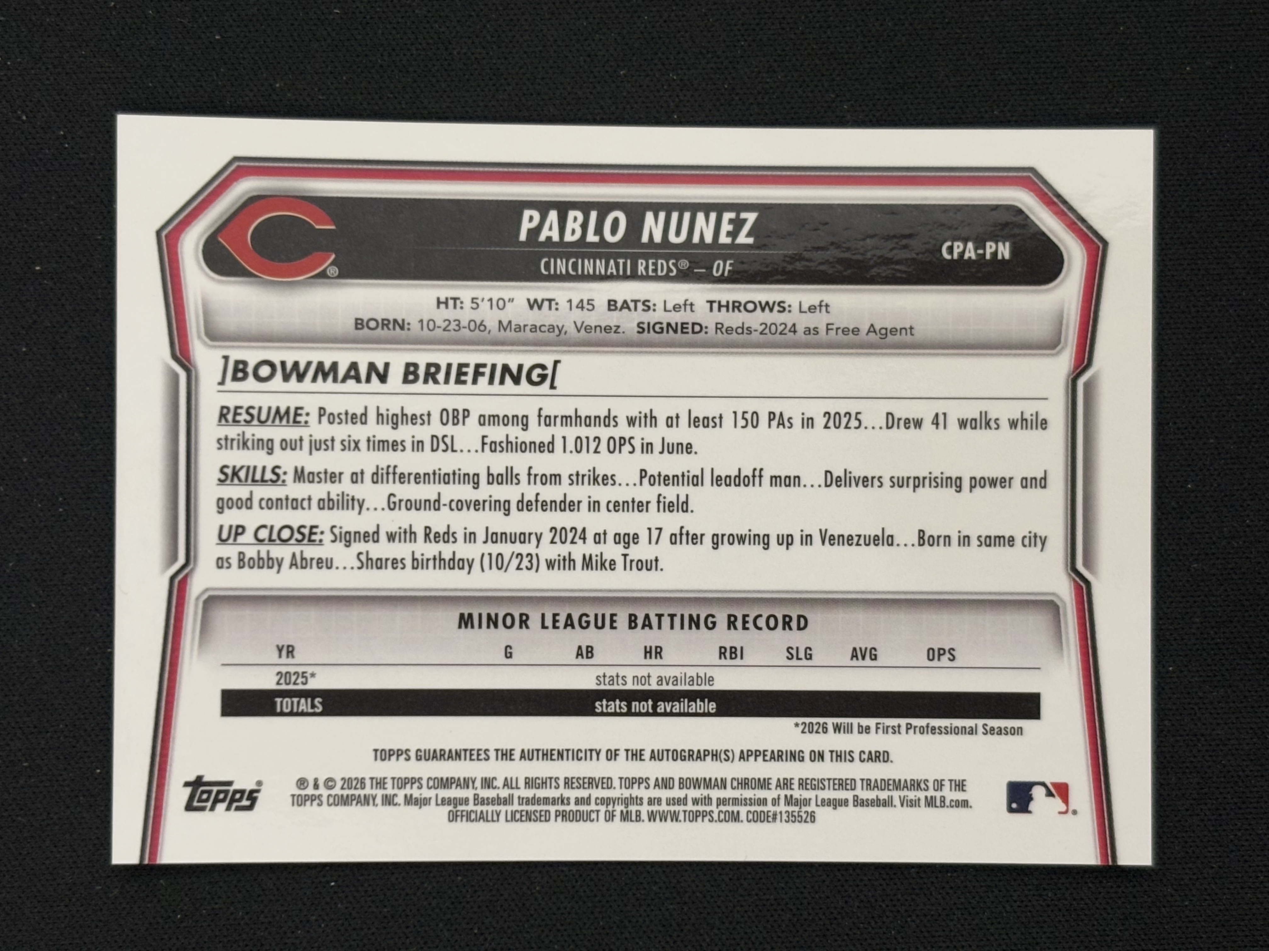 2026 Topps Bowman Pablo Nunez 棒球 MLB 辛辛那提红人 巴勃罗 努涅斯 1st 首秀 卡签字 卡品如图 第一张 - Yin