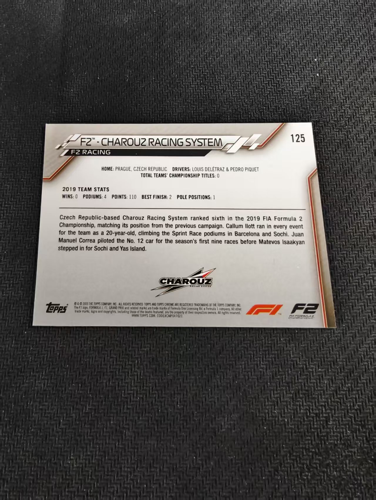 【汽水拍卖】2020 Topps Chrome Charouz 元年F1 方程式赛车 F2 Charouz车队 队徽特卡 Team Logo特卡 蓝宝石 碎冰折 卡品如图