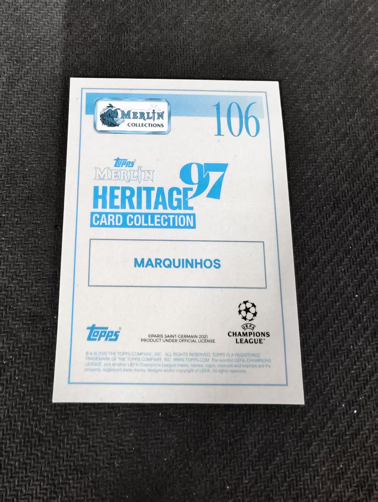 【可合并,不累计】2022 Topps Merlin 梅林97 Marquinhos 马基尼奥斯 大巴黎 欧冠 点点折 划痕 边角瑕疵 #106